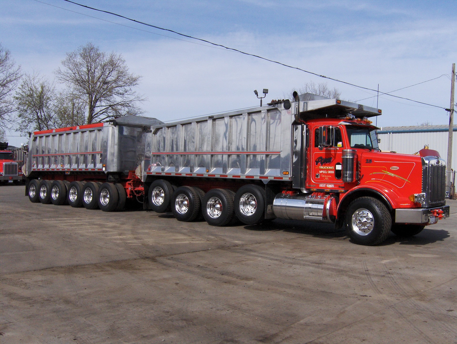 Red Peterbilt Truck with Two Trailers HD Wallpaper