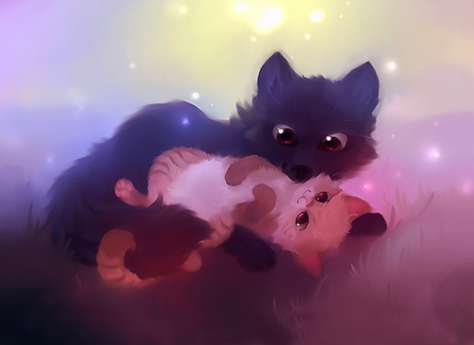 Two cats cuddling in a dreamy landscape HD Wallpaper