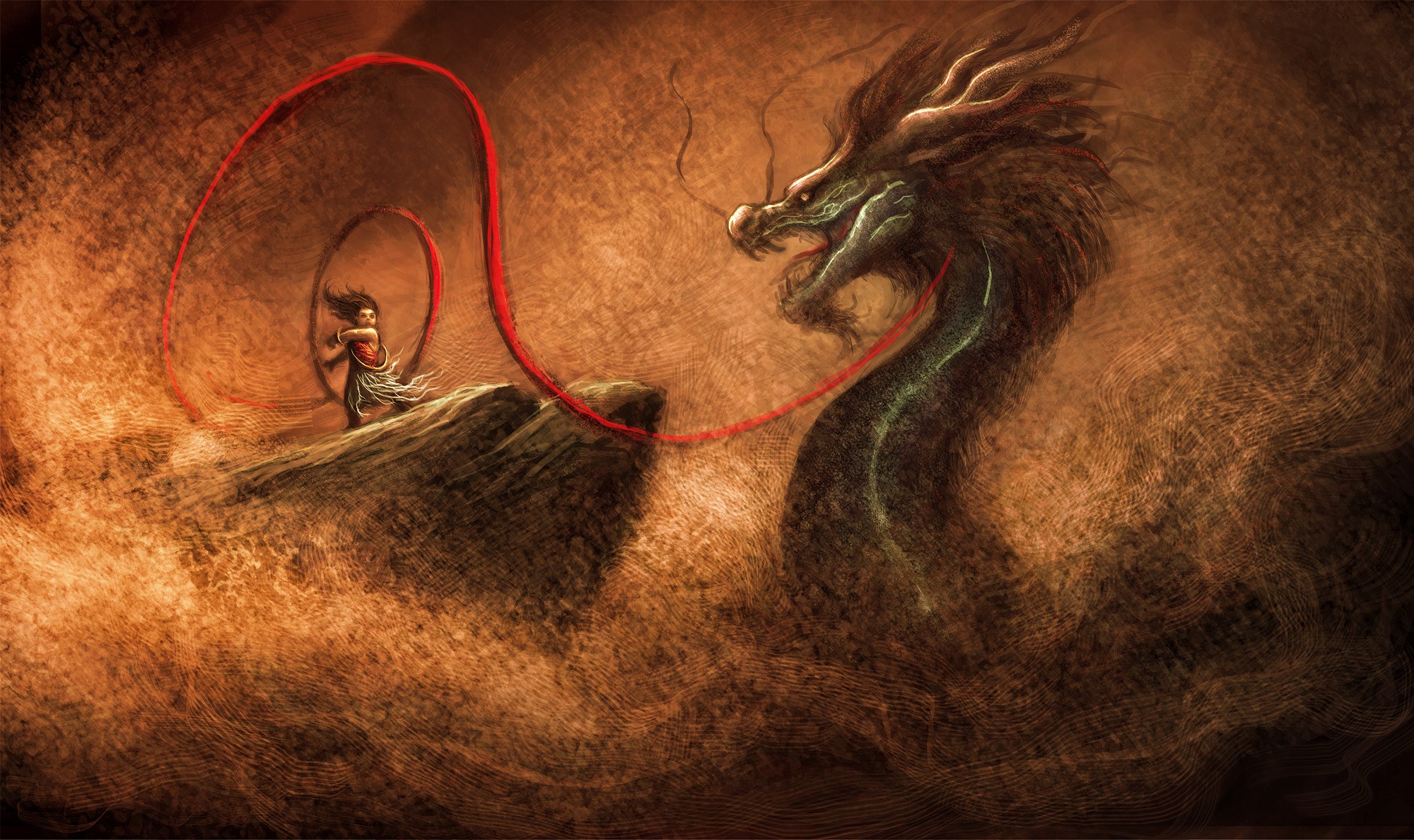 Girl with red ribbon facing a dragon HD Wallpaper