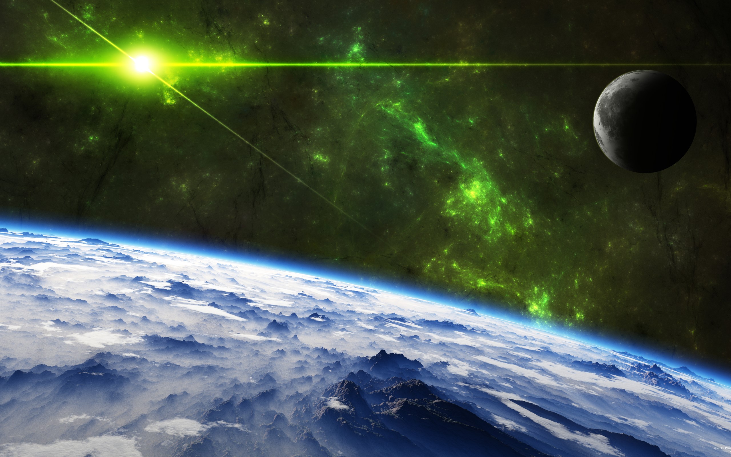 Planet Earth with Moon and Green Nebula HD Wallpaper