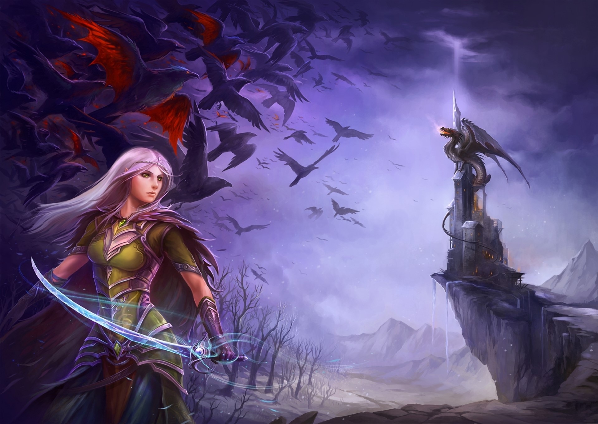 Elf warrior with glowing sword and dragon on tower HD Wallpaper