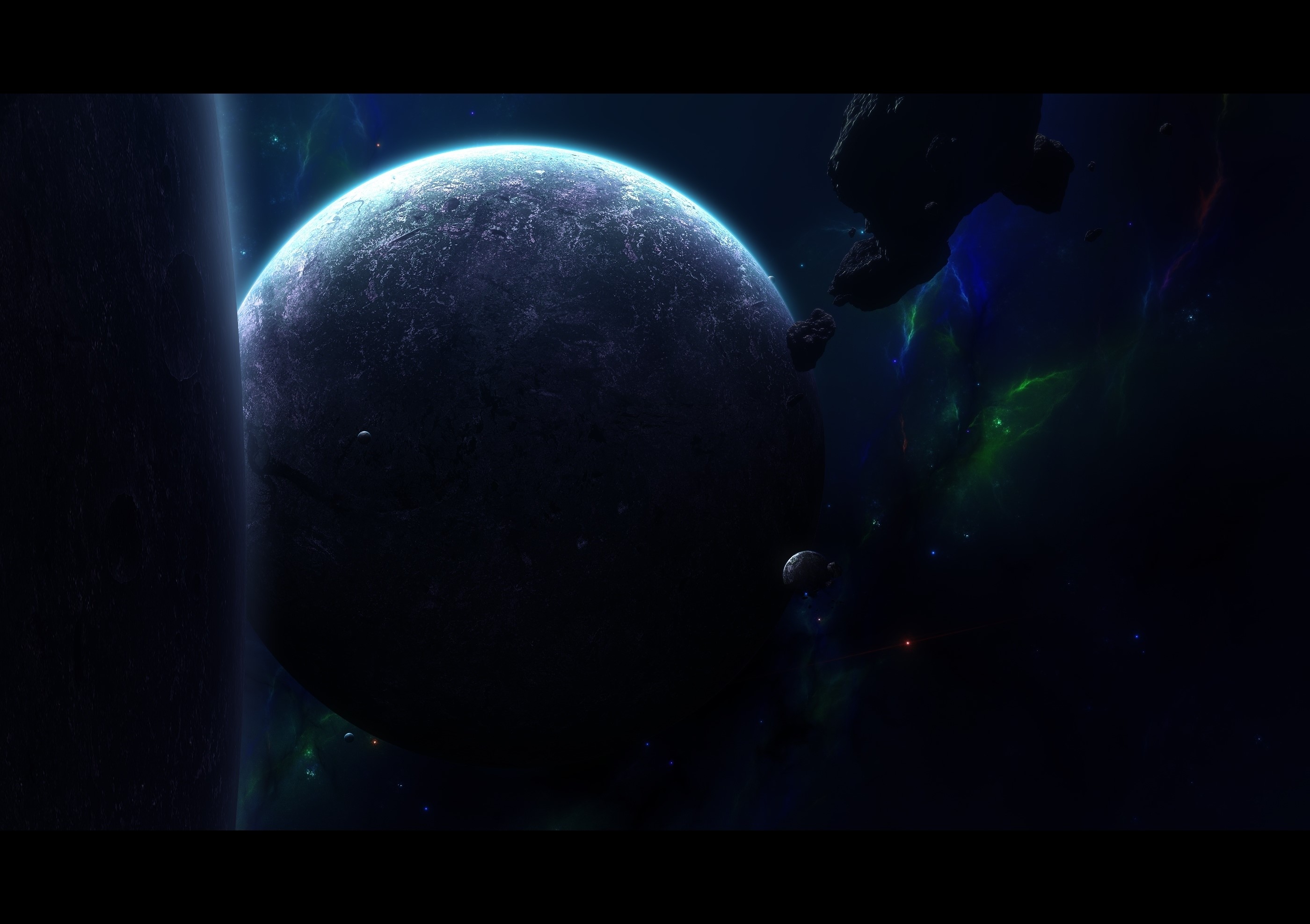 Planets and asteroids in space with nebulae HD Wallpaper