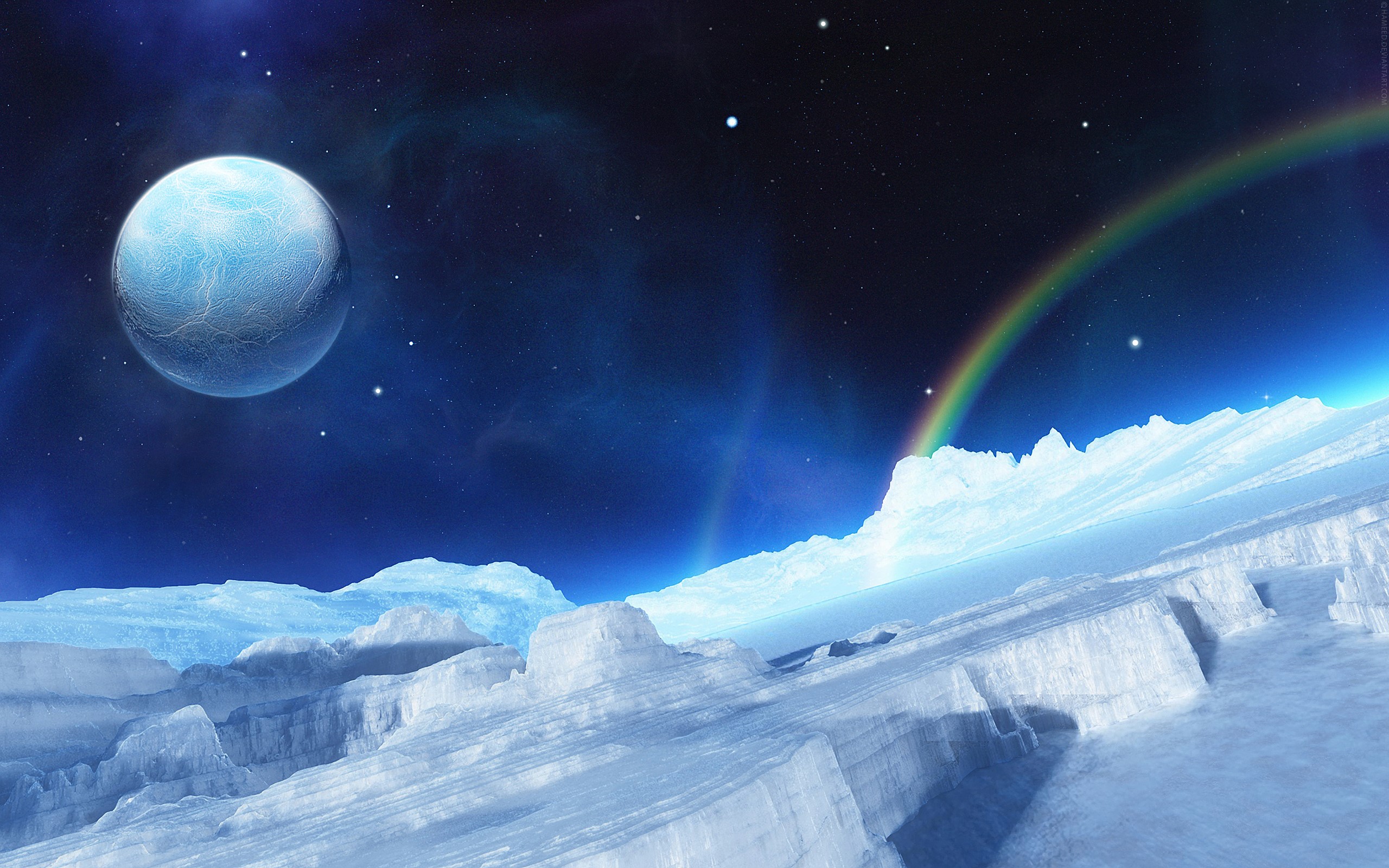Alien planet with icy landscape and rainbow HD Wallpaper