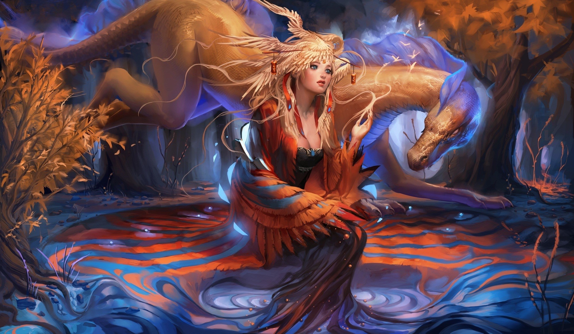 Woman with a dragon in a mystical forest HD Wallpaper