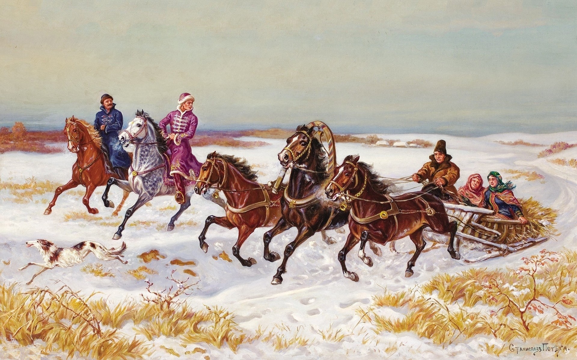 Painting of a winter sleigh ride with horses and people HD Wallpaper