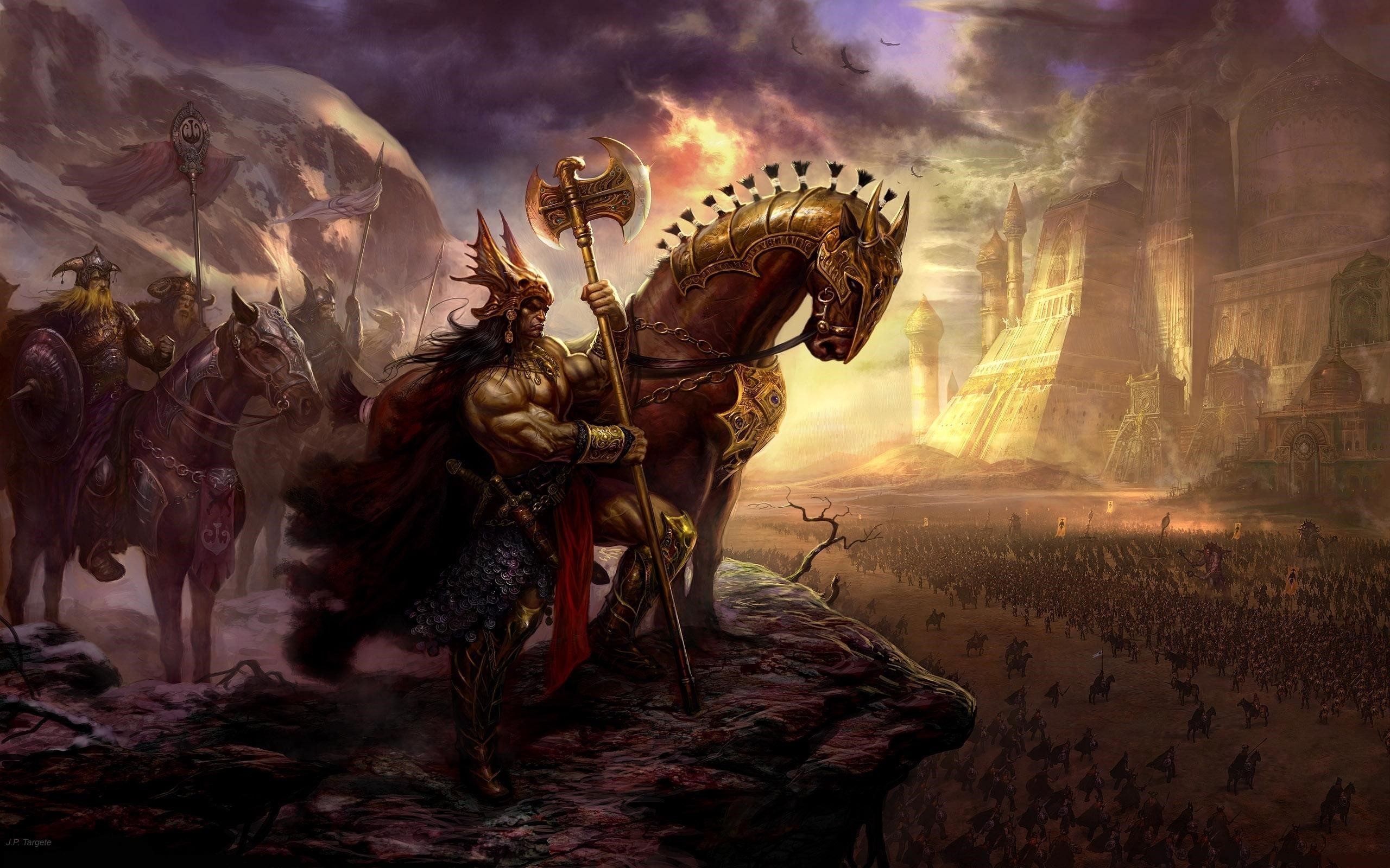 Warrior with Battle Axe on Horse with Army and City HD Wallpaper