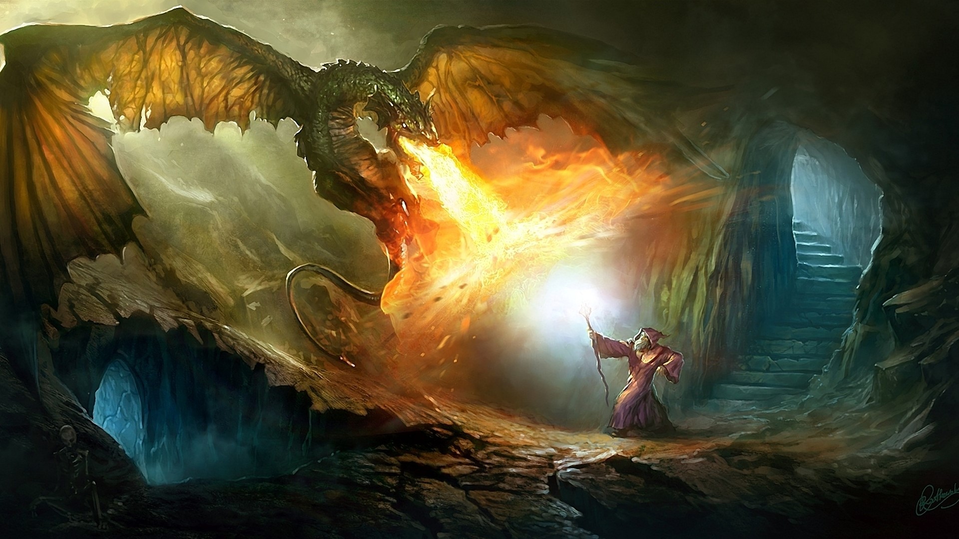 Dragon breathing fire at a wizard in a cave HD Wallpaper