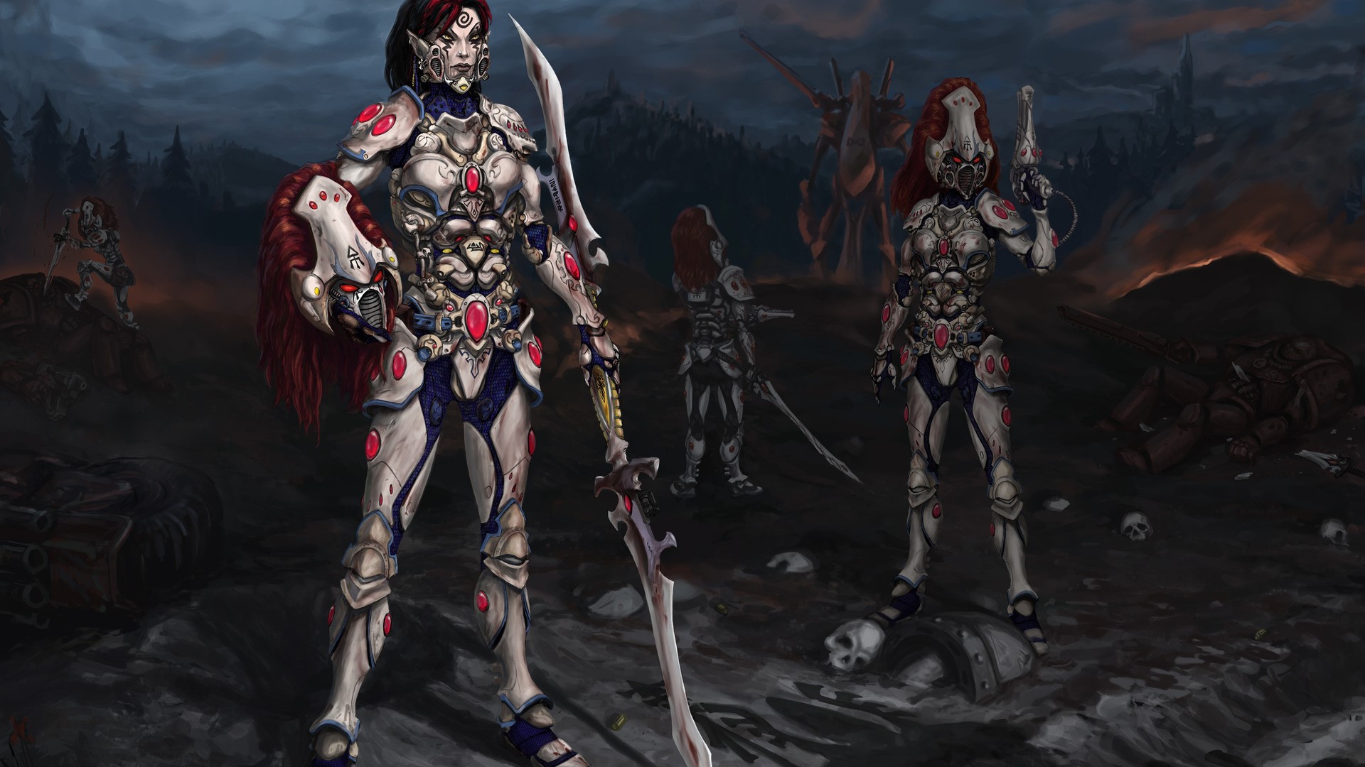 Warriors in ornate armor on a battlefield HD Wallpaper