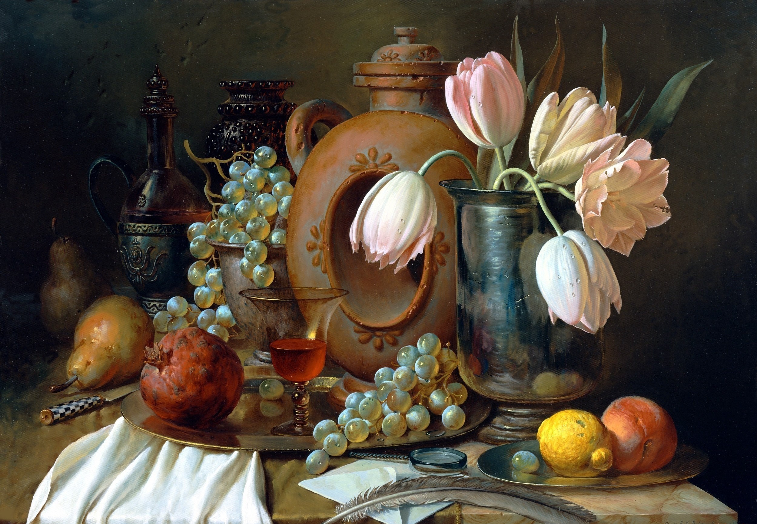 Still life with fruit, flowers, and vessels HD Wallpaper