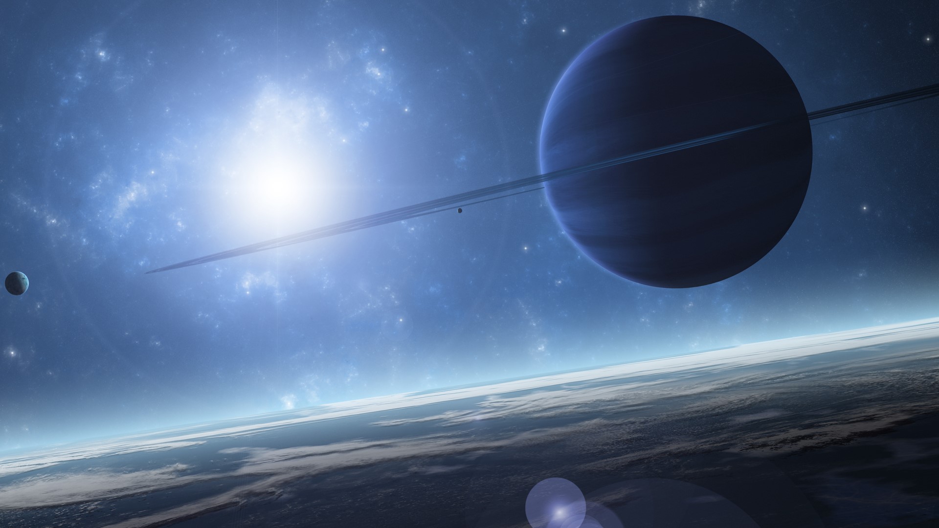 Planets in outer space with a sun and rings HD Wallpaper