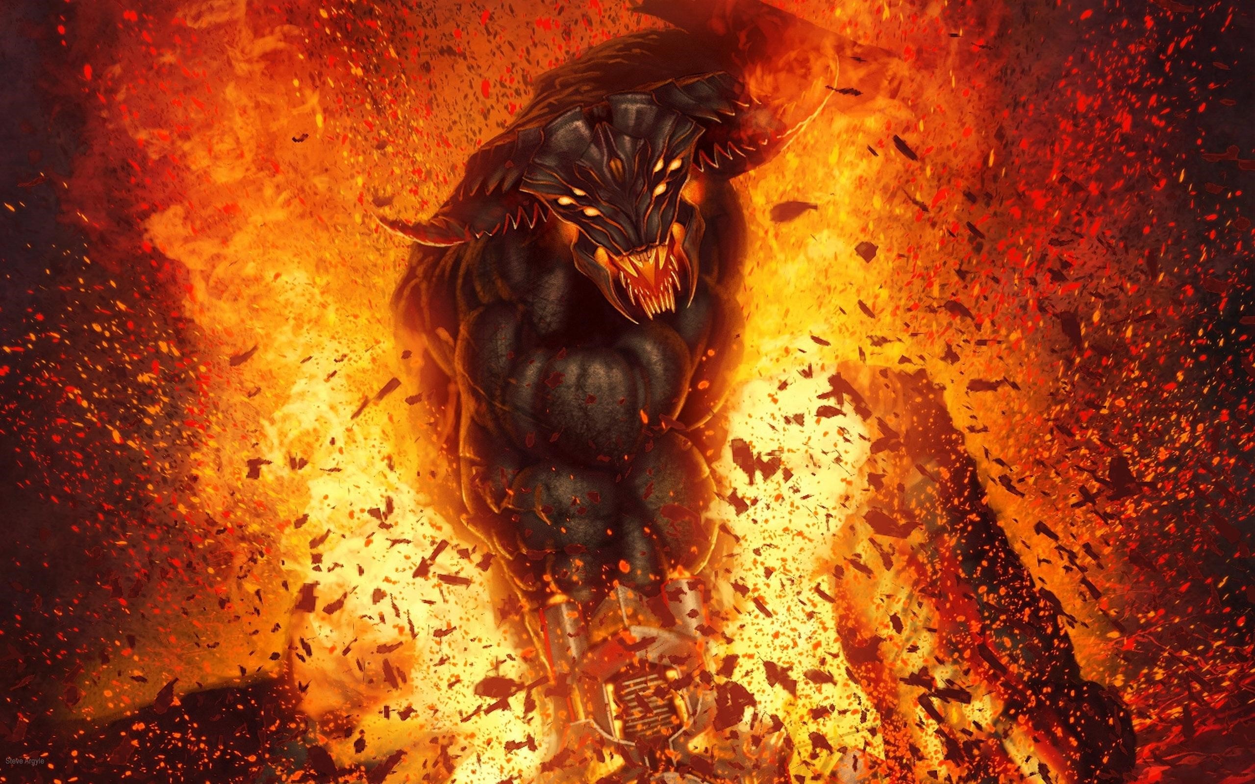 Demon creature emerging from fire HD Wallpaper