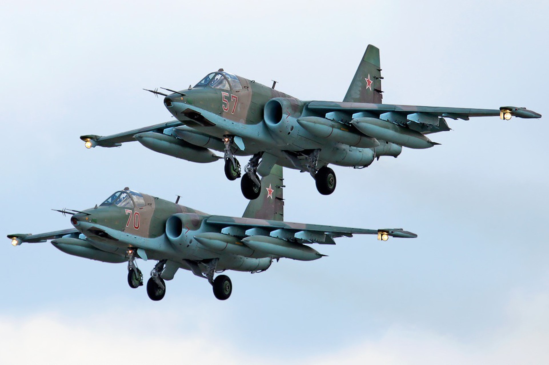 Two Russian Su-25 Frogfoot attack aircraft in flight HD Wallpaper