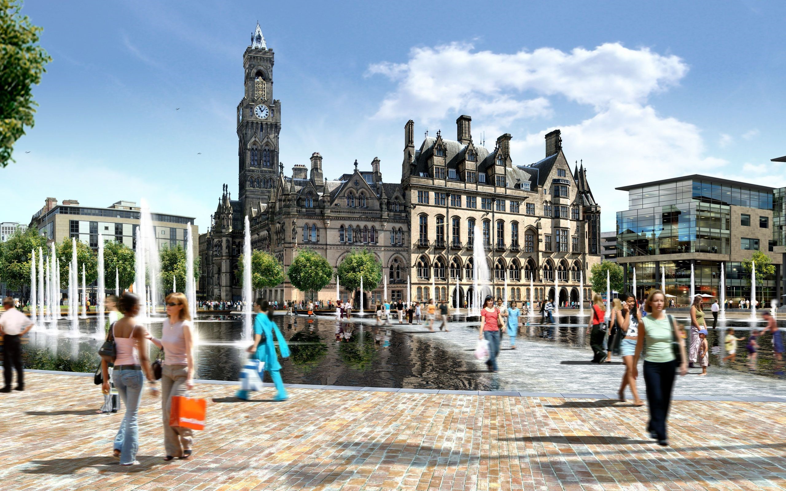 People in a plaza with fountains and historic buildings HD Wallpaper