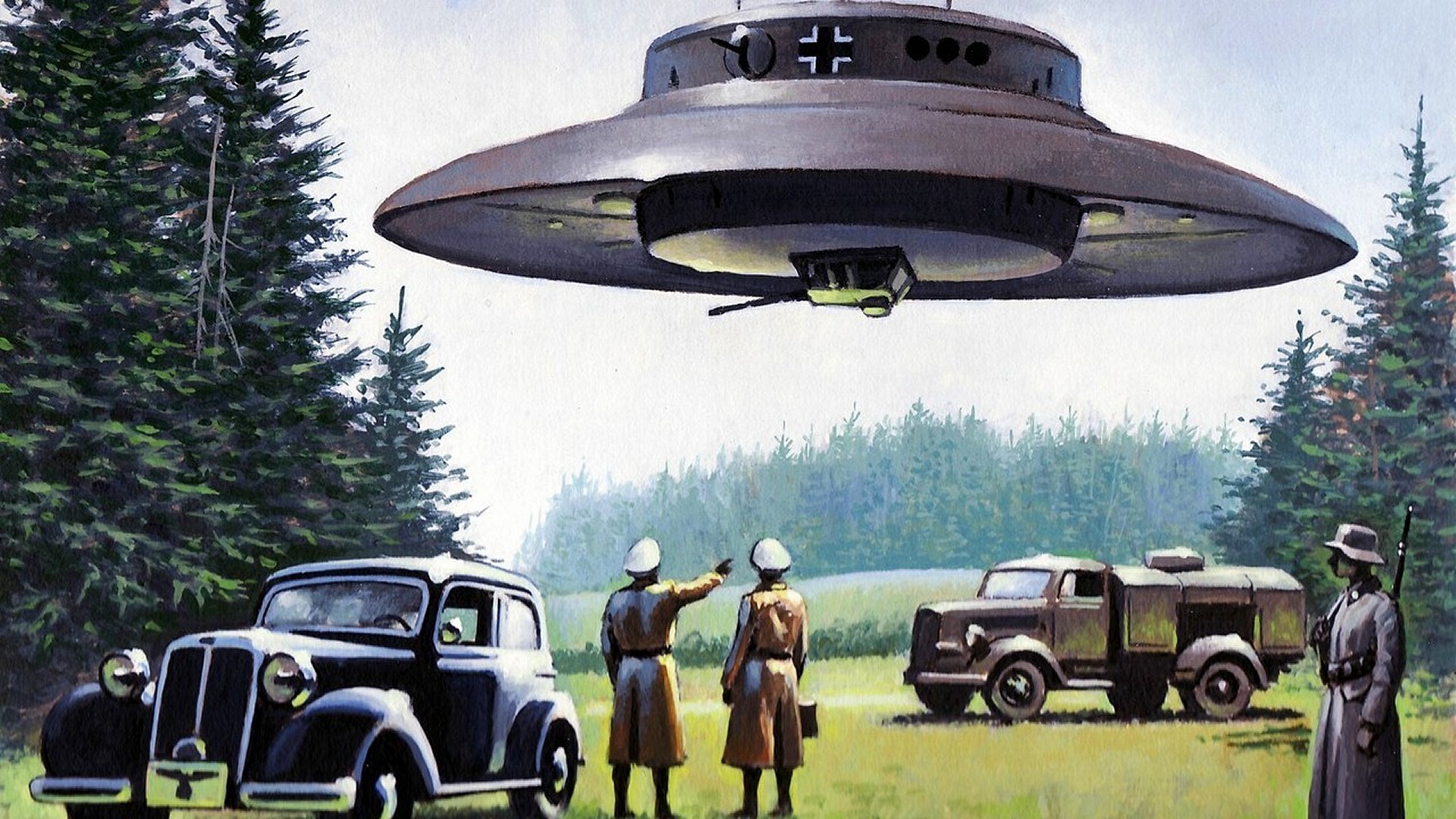 German soldiers observe a Nazi UFO HD Wallpaper
