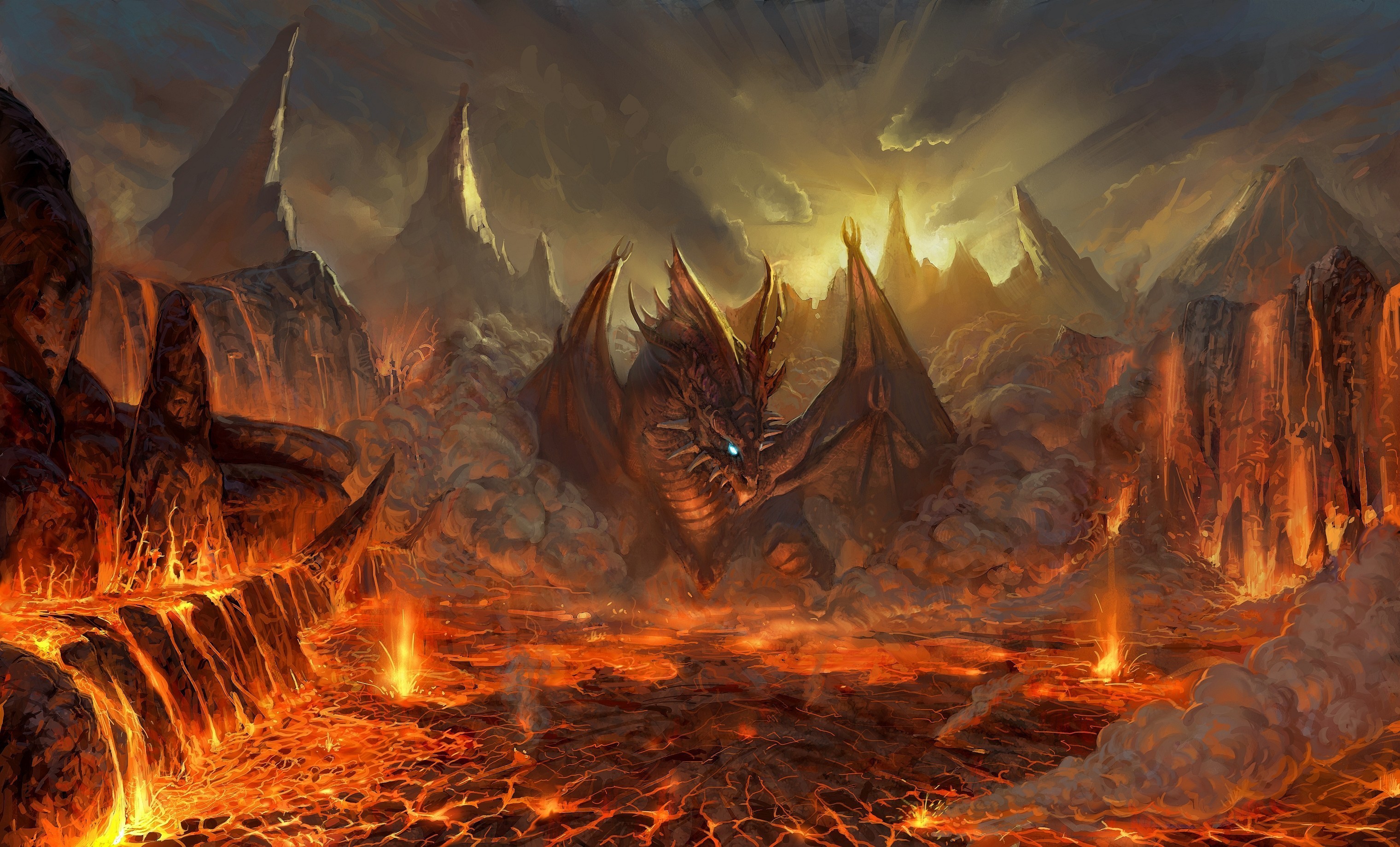 Dragon in a volcanic landscape HD Wallpaper