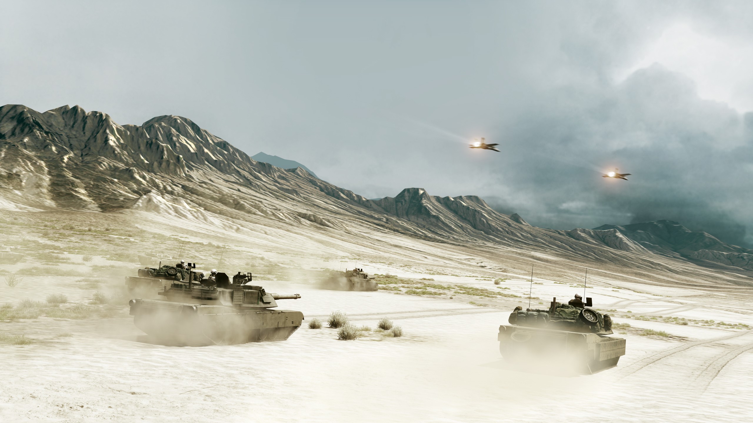 Tanks and jets in a desert battlefield HD Wallpaper
