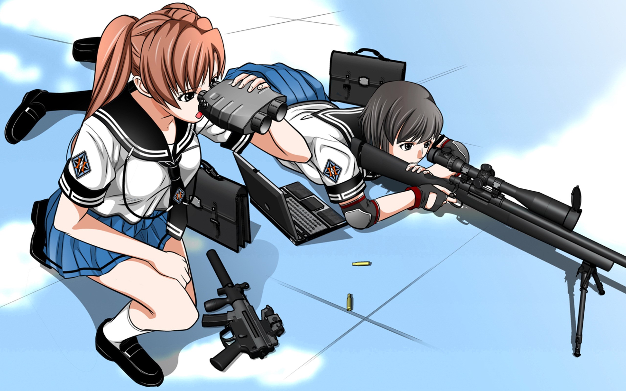 Two girls with sniper rifle and binoculars HD Wallpaper