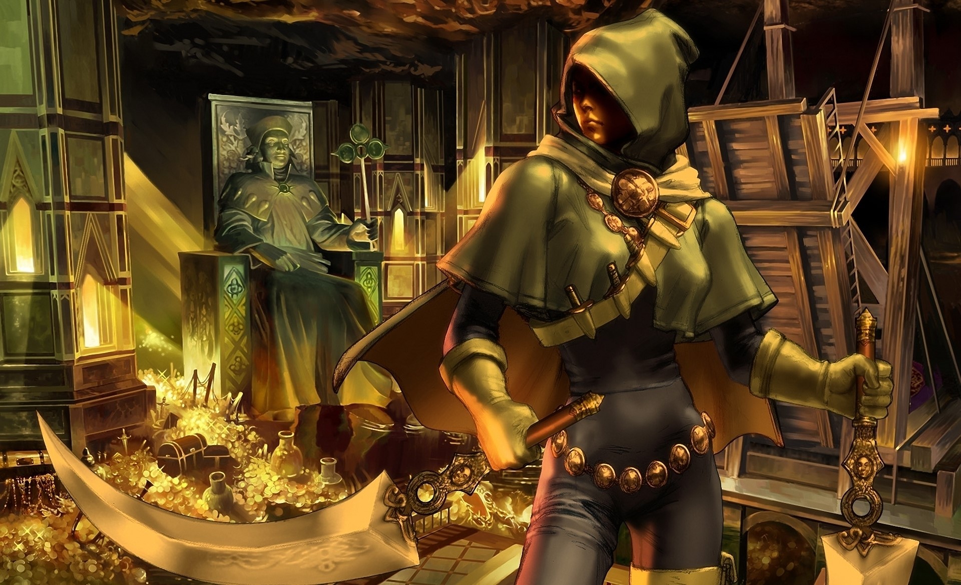 Hooded warrior with scythe in treasure room HD Wallpaper