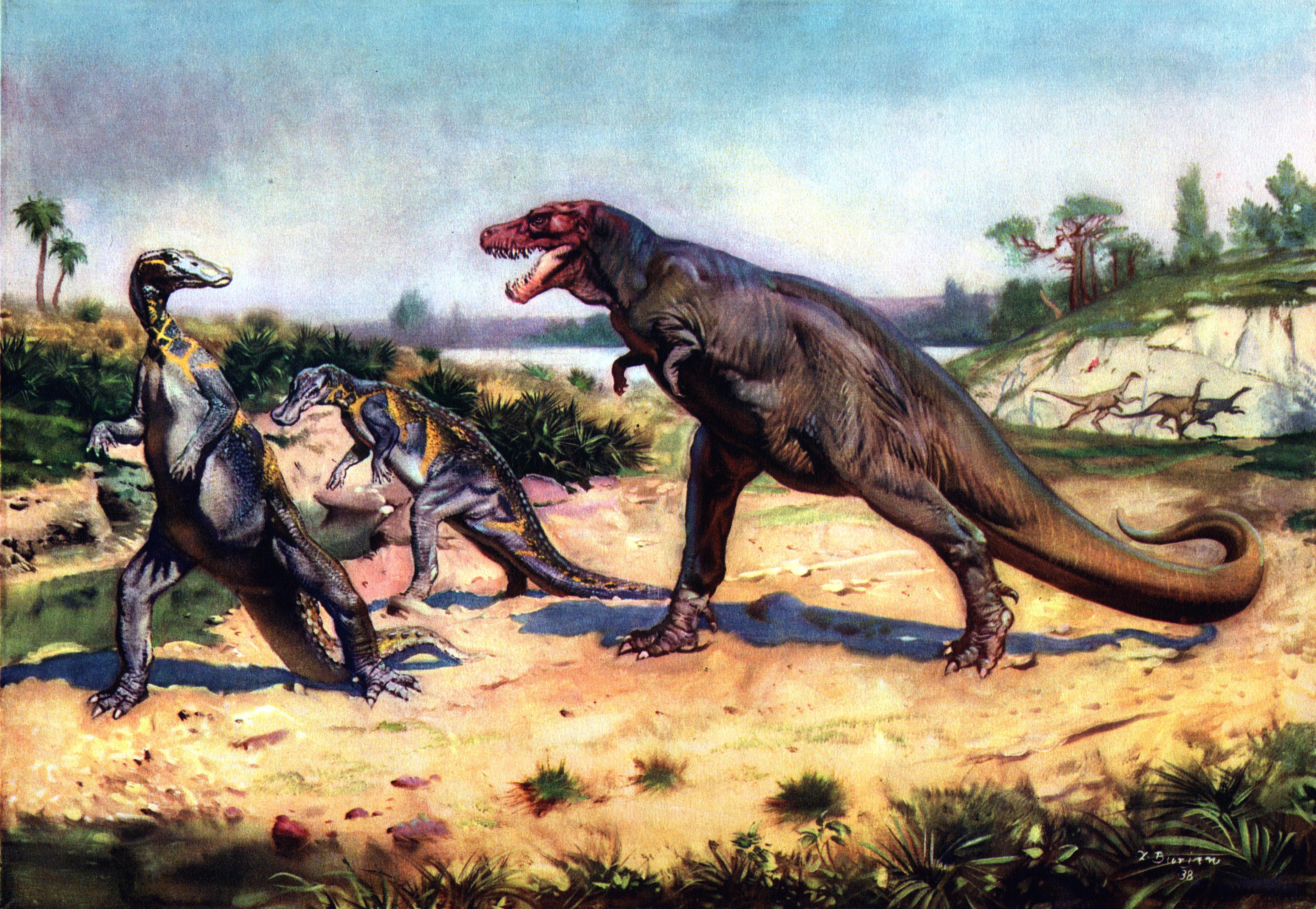 Tyrannosaurus Rex and other dinosaurs in prehistoric landscape HD Wallpaper