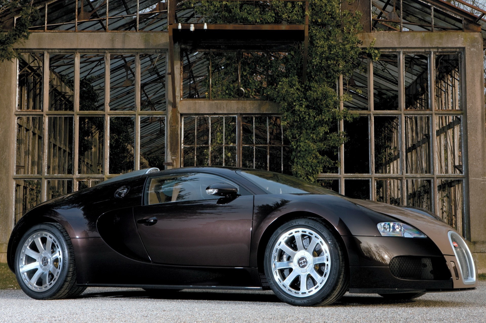 Bugatti Veyron in front of an abandoned greenhouse HD Wallpaper