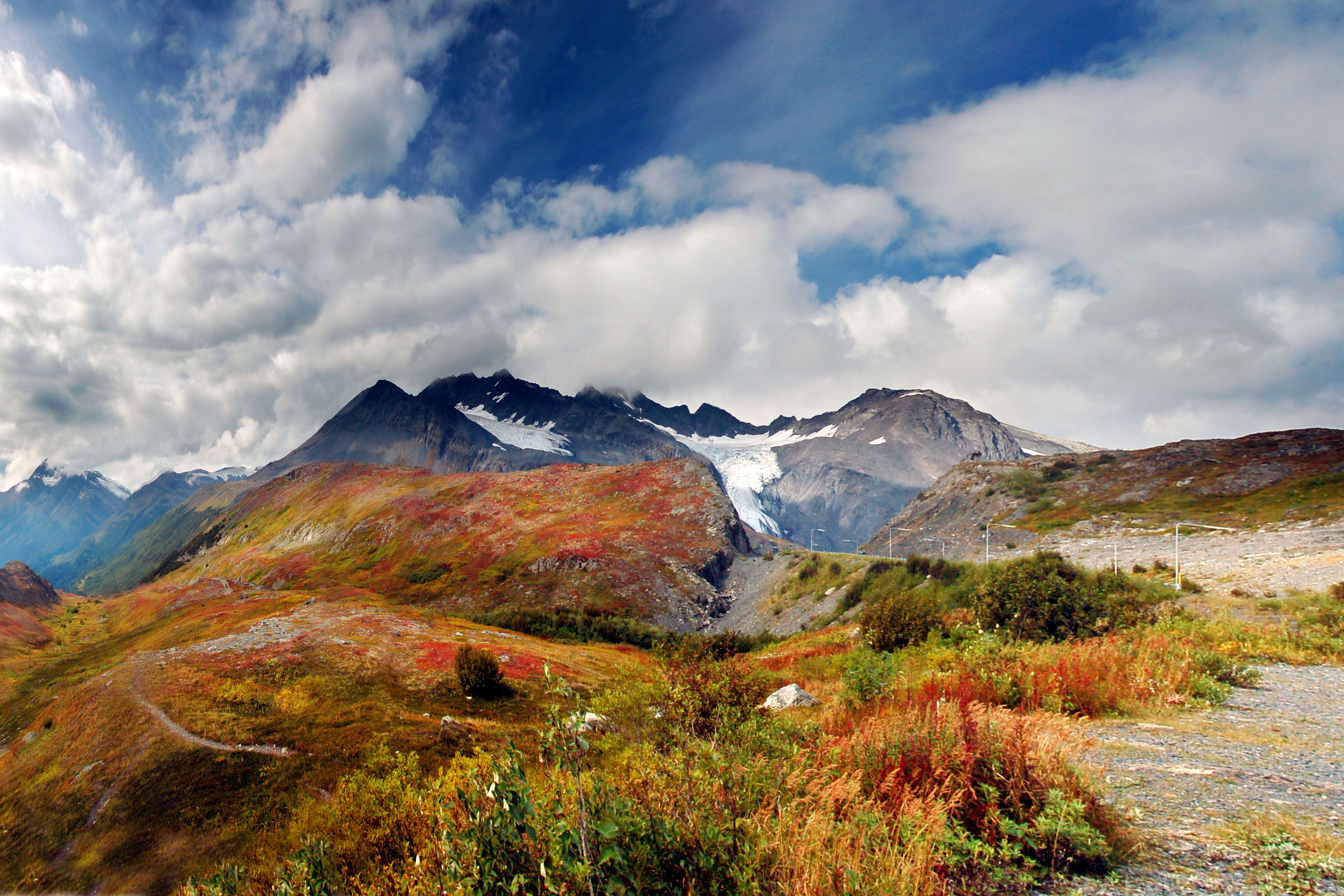 Mountains with autumn foliage and glacier HD Wallpaper