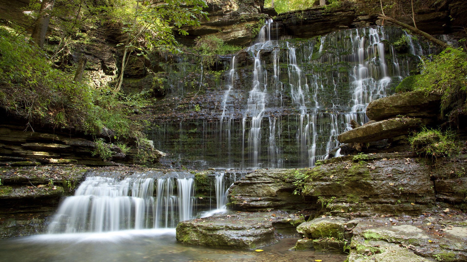 Waterfall cascading over mossy rocks in a forest HD Wallpaper