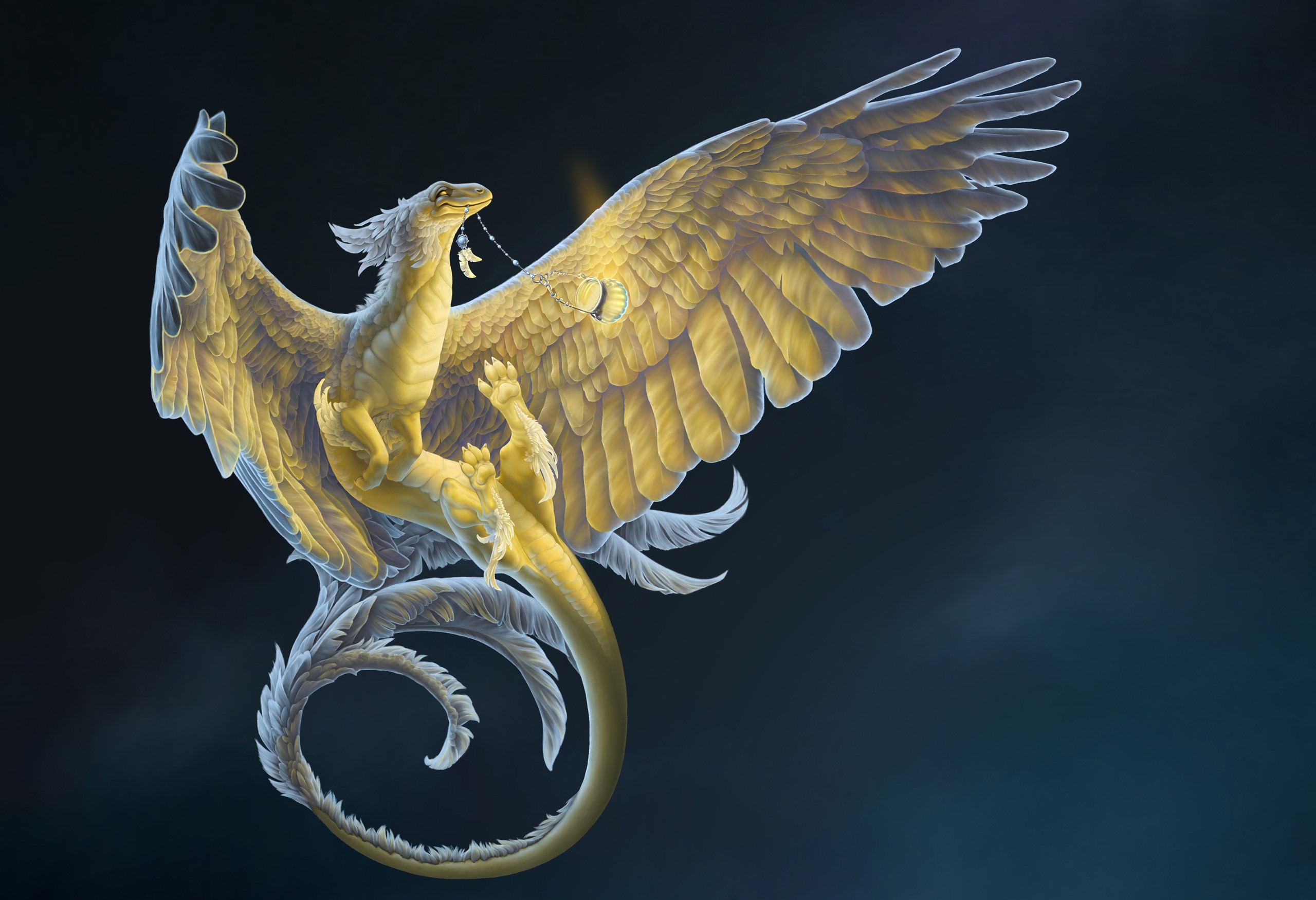 Golden dragon with feathered wings flying HD Wallpaper