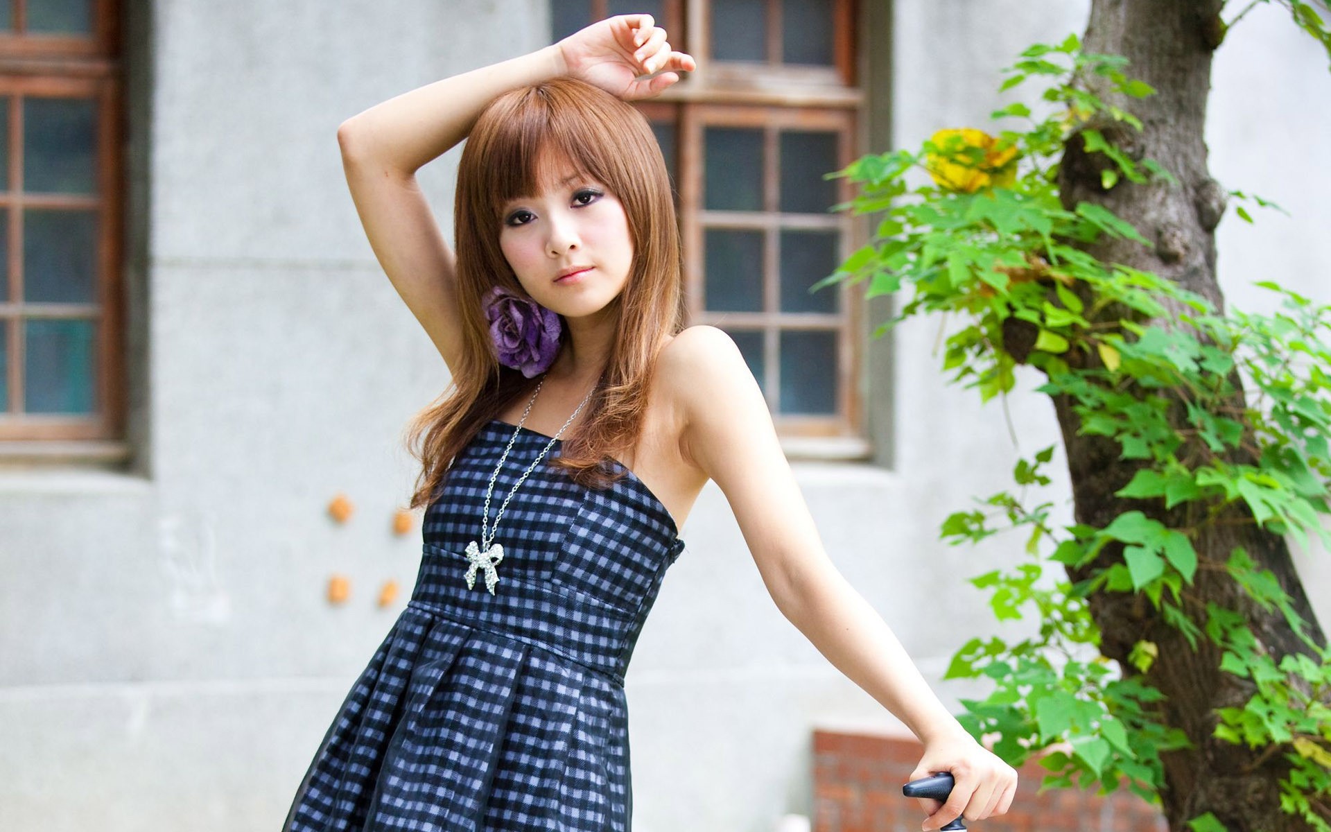 Asian woman in a checkered dress with a flower accessory HD Wallpaper