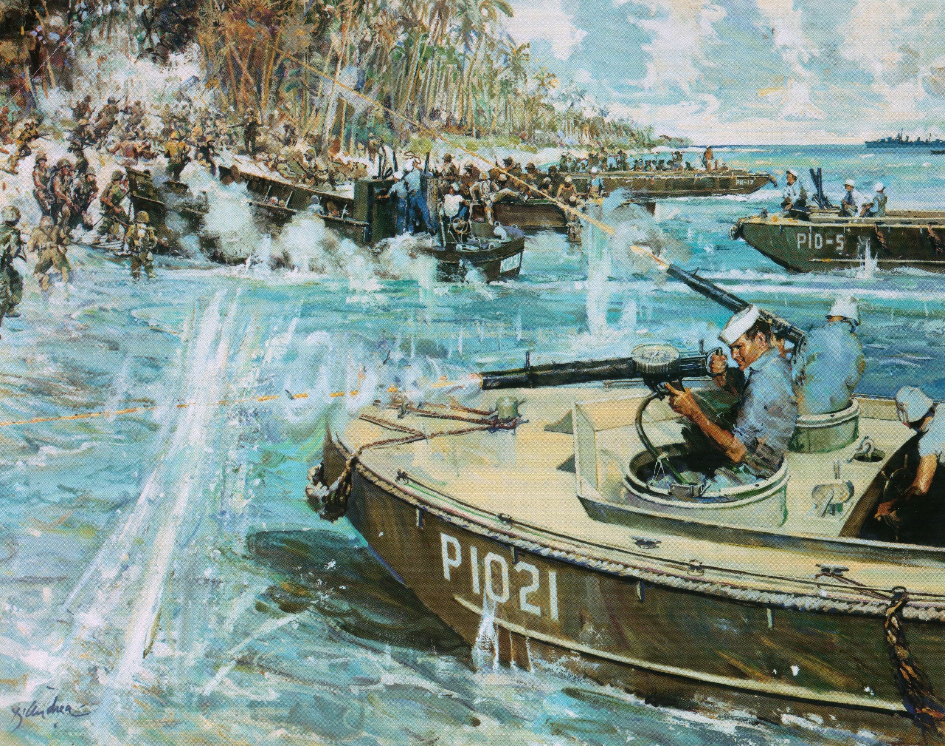 Painting of a military landing operation with boats and soldiers HD Wallpaper