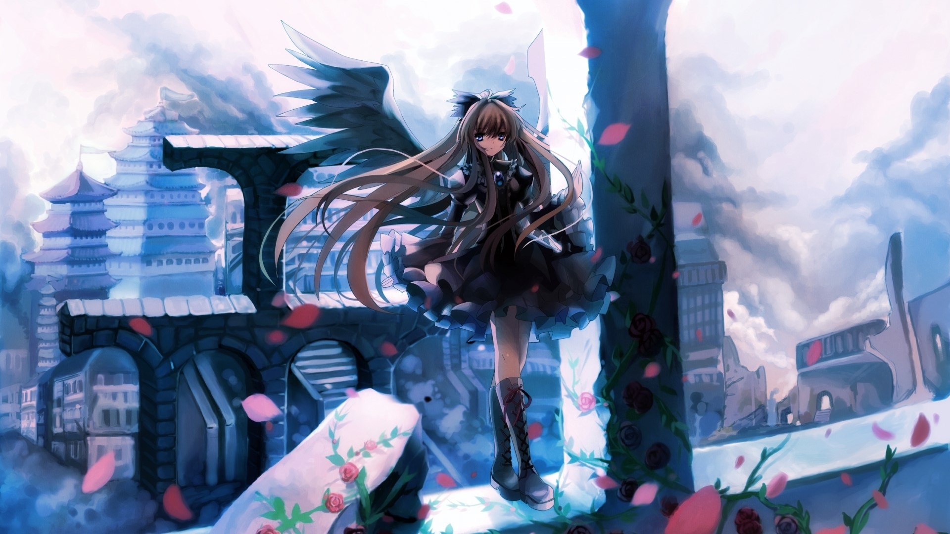 Touhou Collection: Anime Girl with Wings in Fantasy City HD Wallpaper
