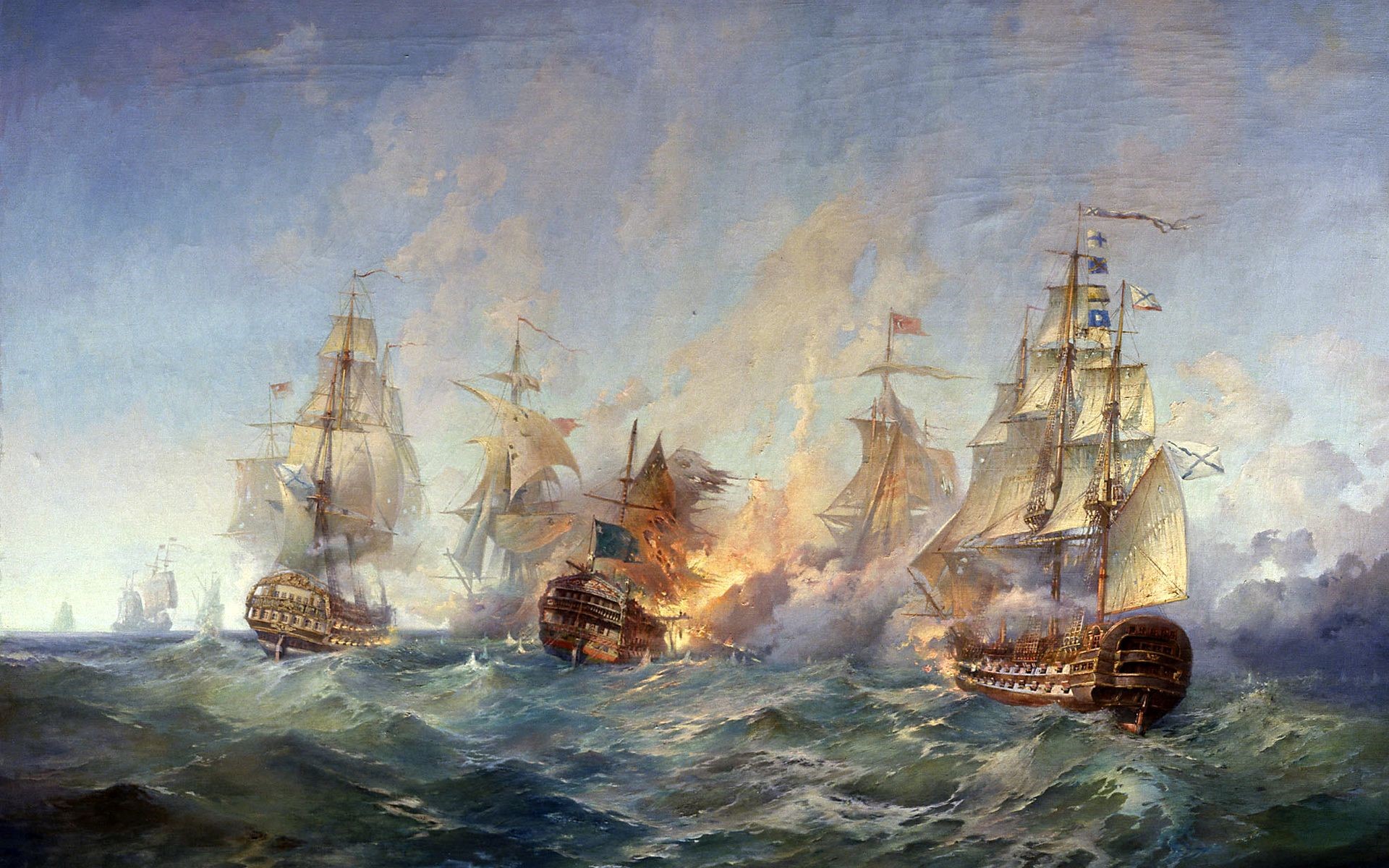 Naval battle with burning ships HD Wallpaper