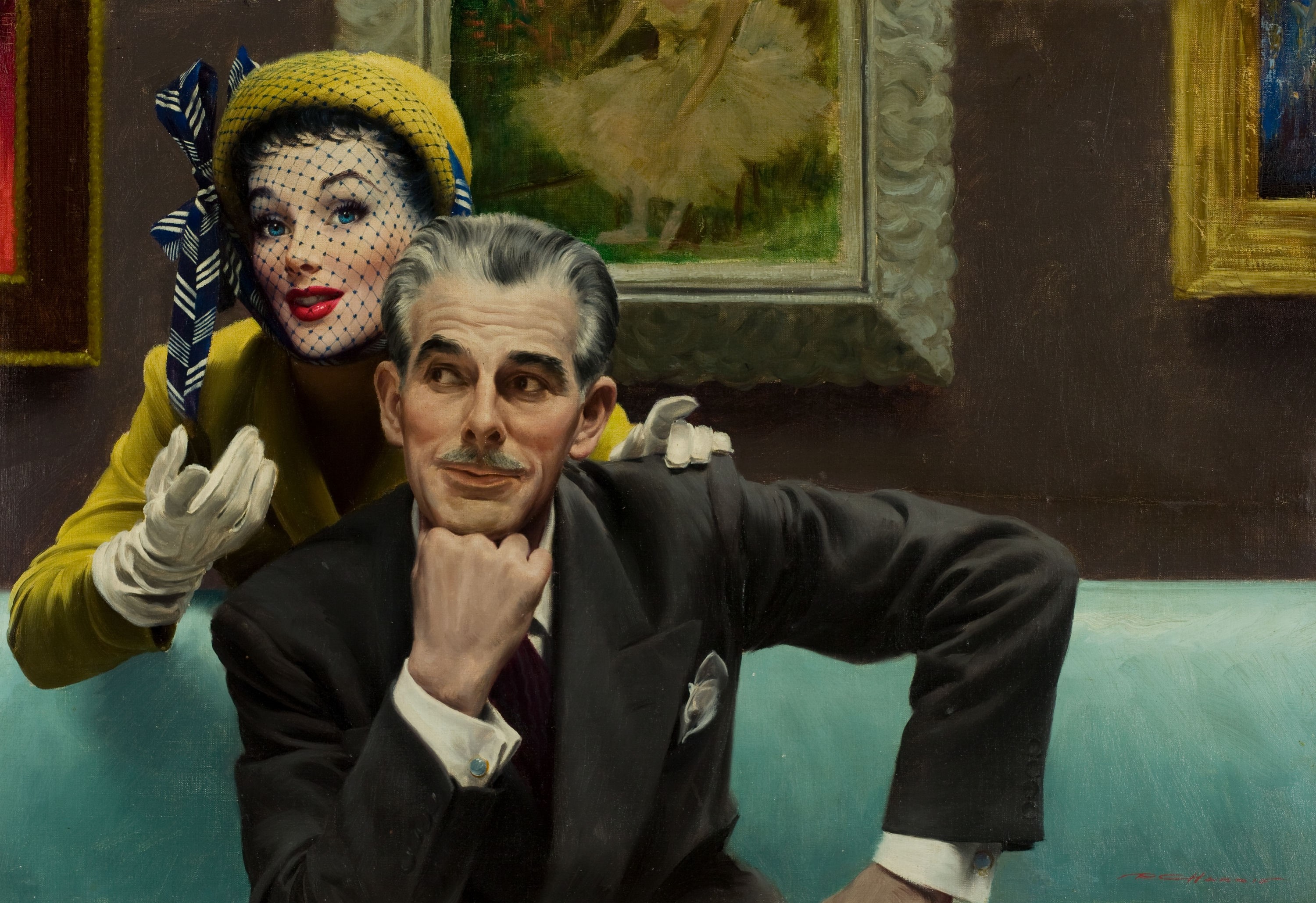 Couple in a gallery, painting of a ballerina HD Wallpaper