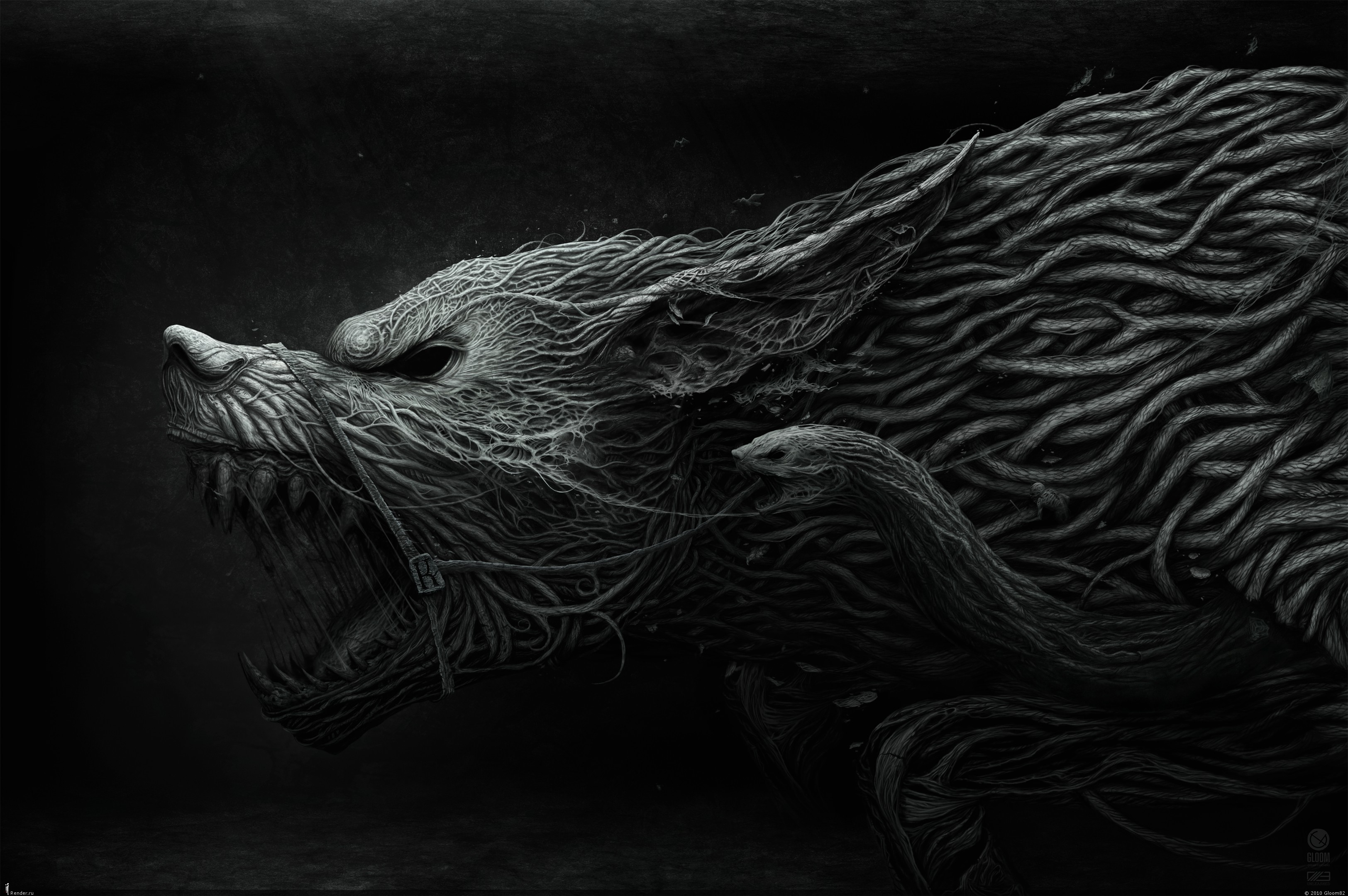 Monstrous wolf made of roots and vines HD Wallpaper