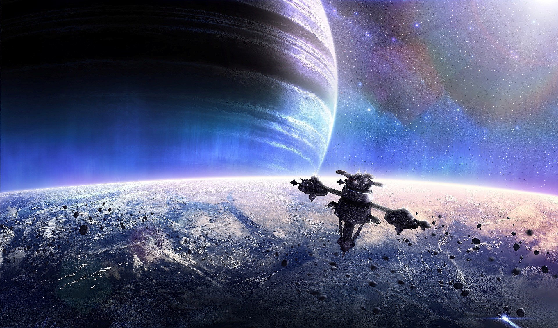 Spaceship near a planet and a gas giant HD Wallpaper
