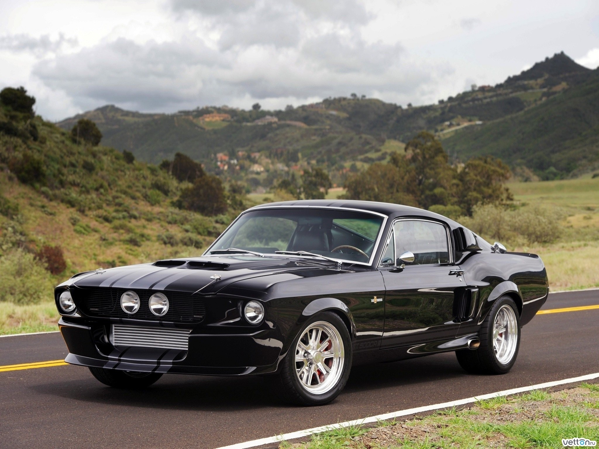 Black 1967 Ford Mustang Shelby GT500 on a road HD Wallpaper