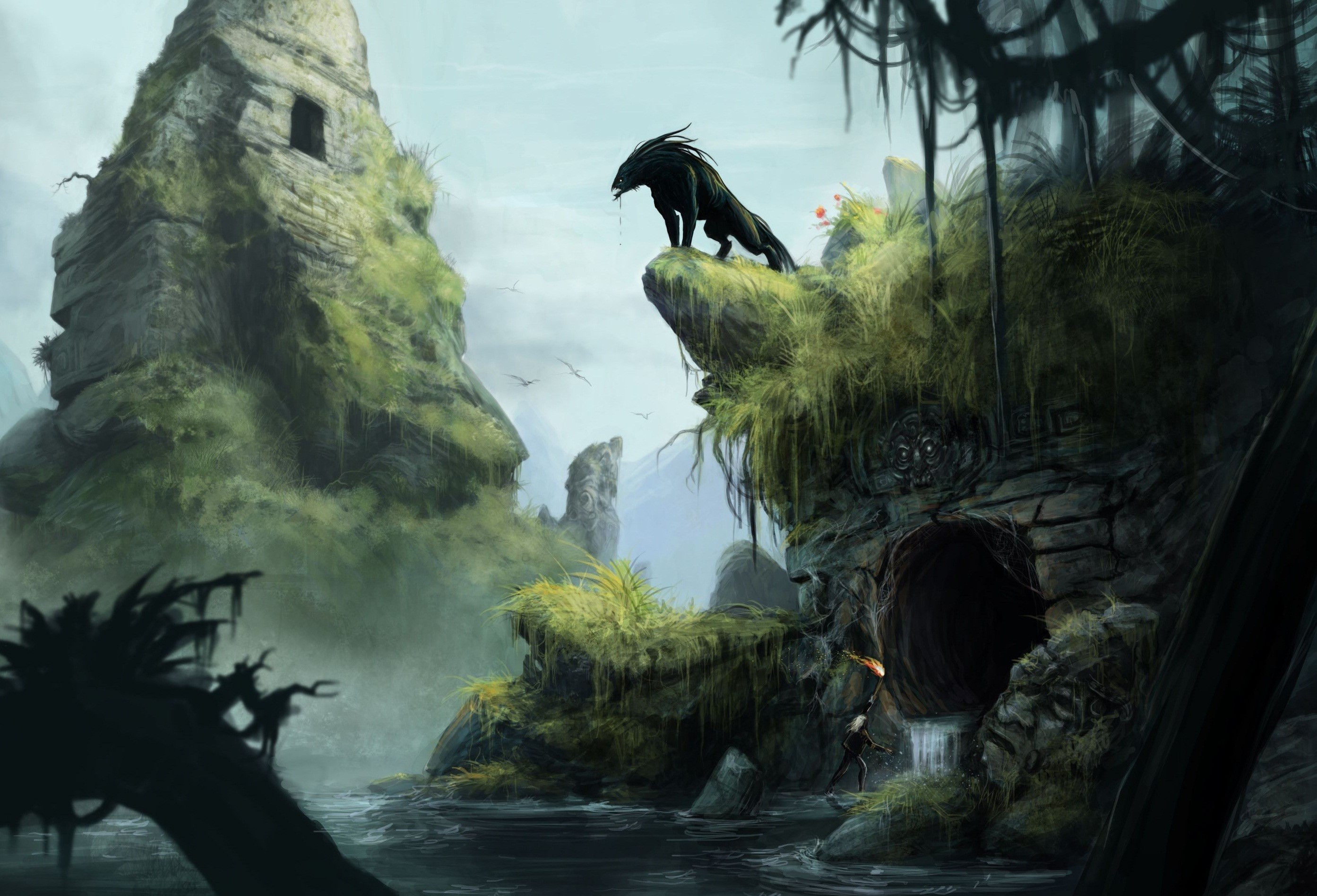 Fantasy creature on a cliff overlooking a cave entrance HD Wallpaper