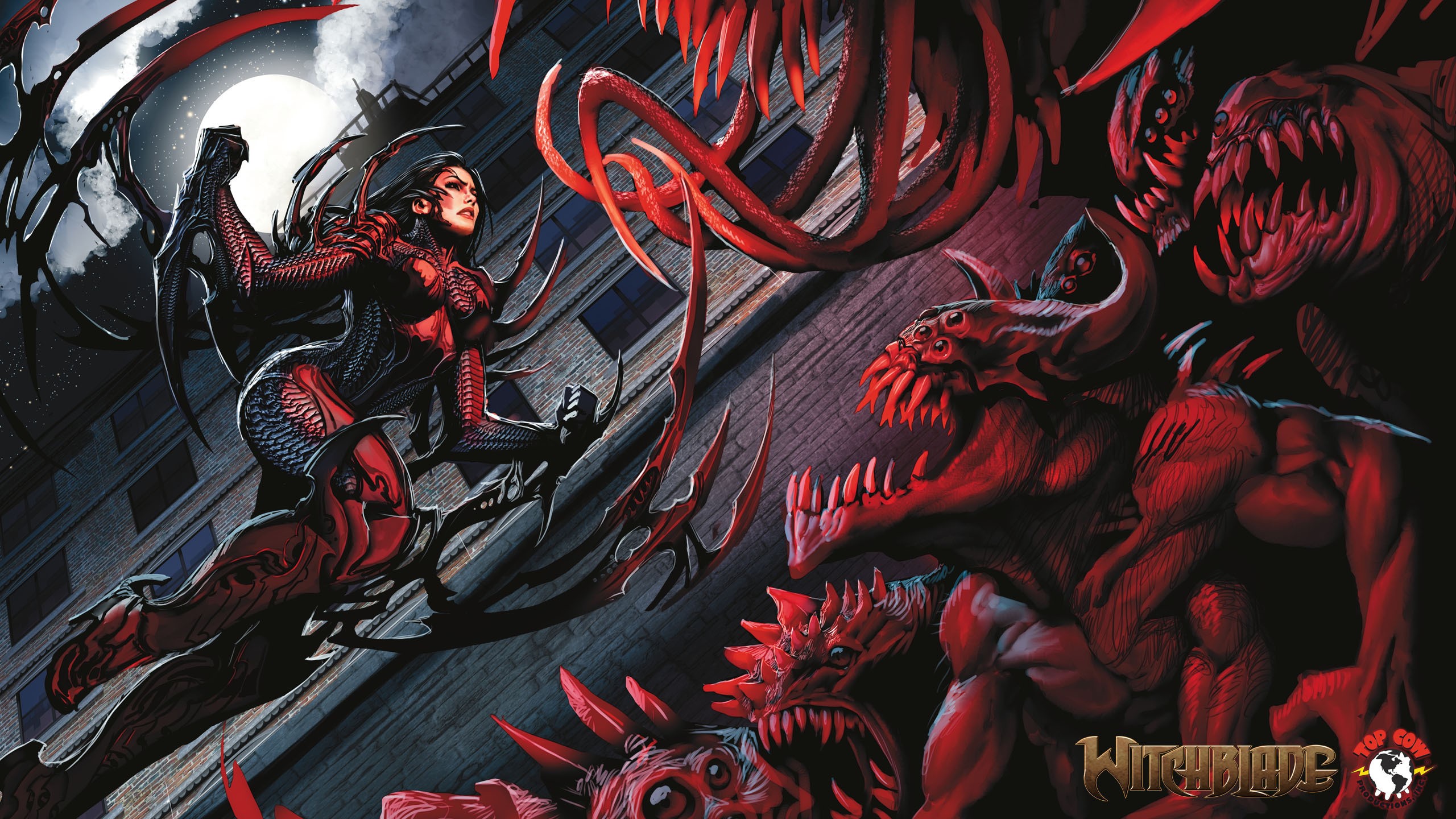 Witchblade fighting monsters on a city rooftop at night HD Wallpaper