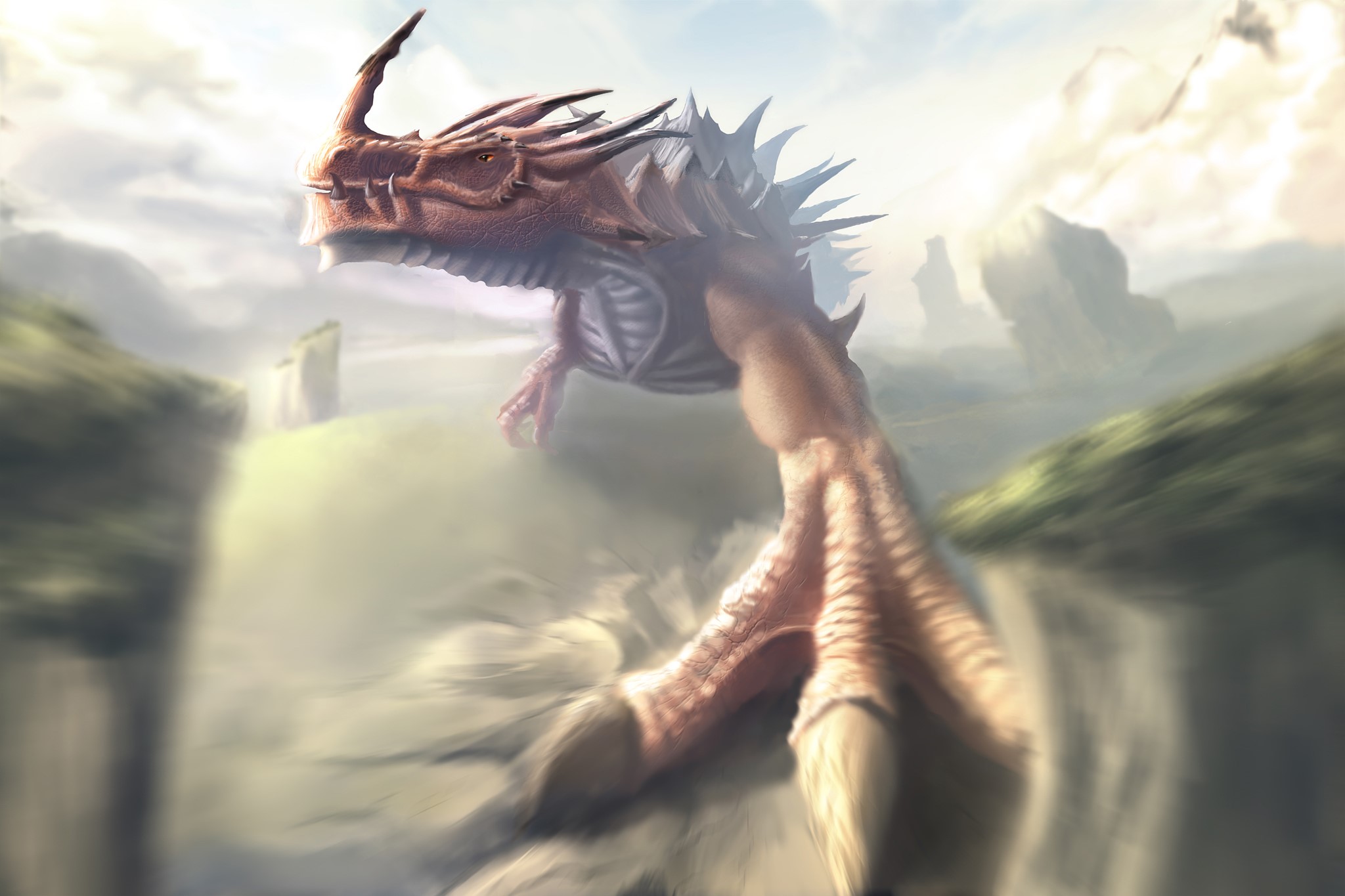 A dragon in a misty mountain landscape HD Wallpaper