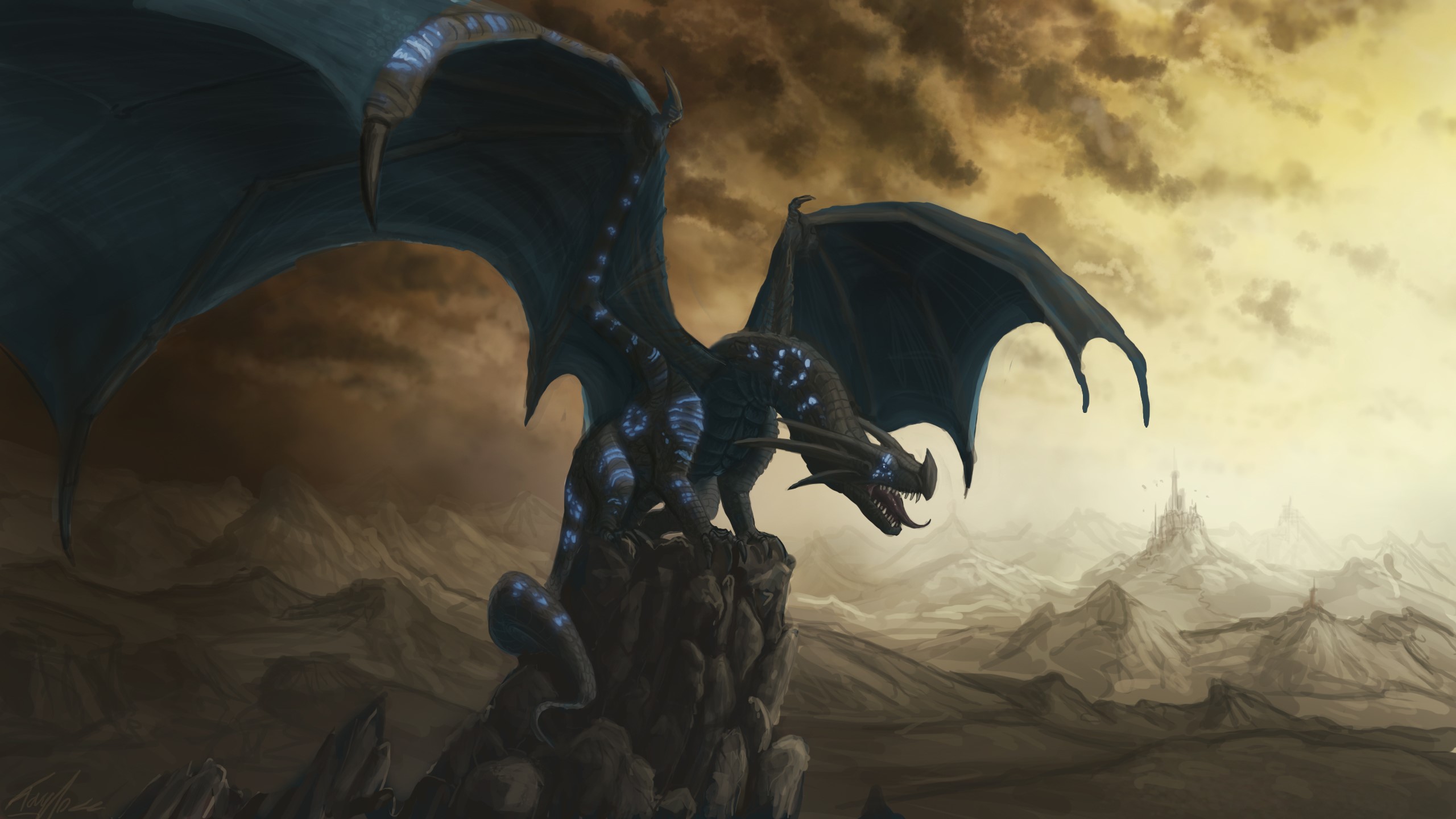 A dark dragon perched on a rocky outcrop HD Wallpaper