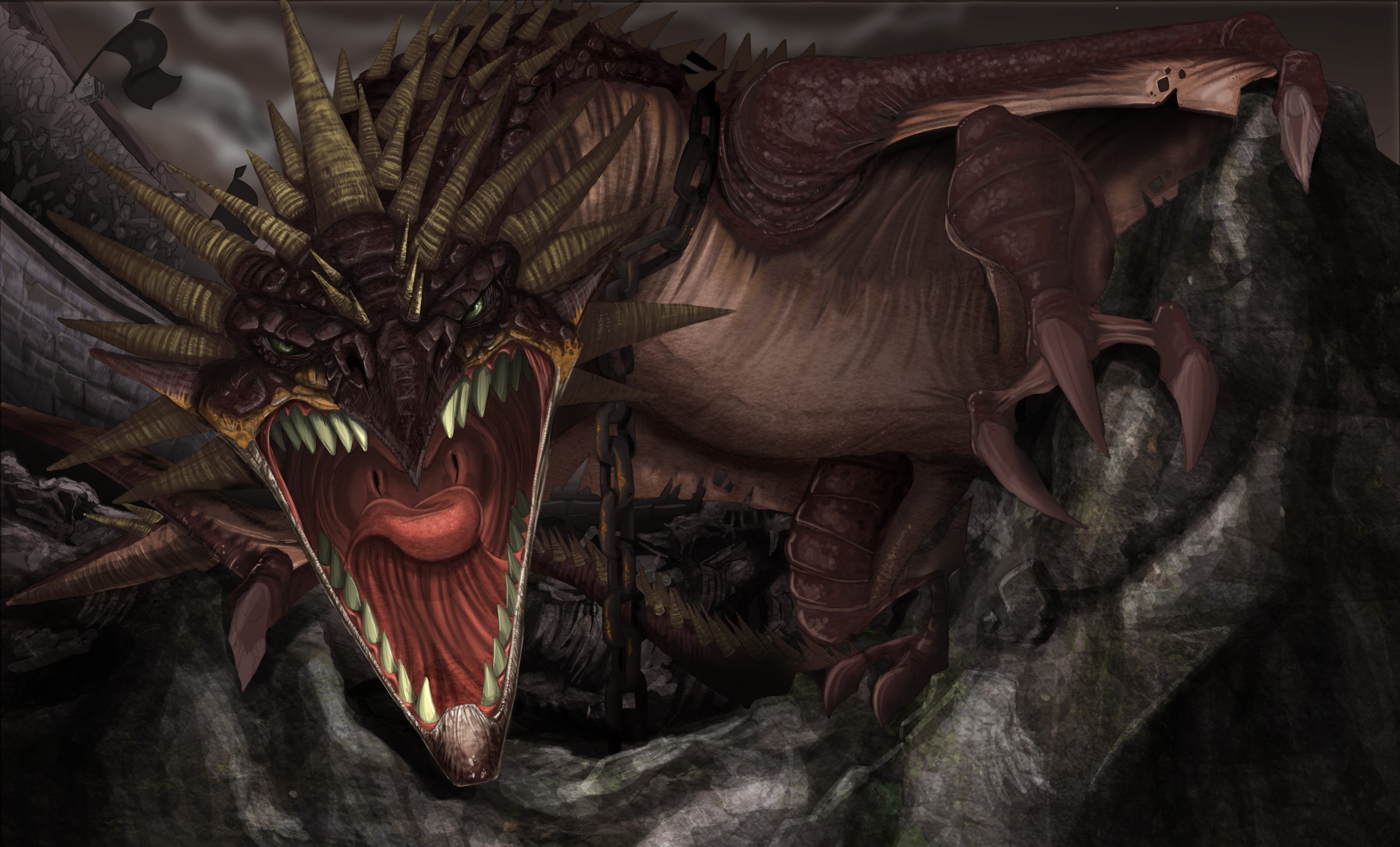 A fearsome dragon with sharp teeth and horns HD Wallpaper