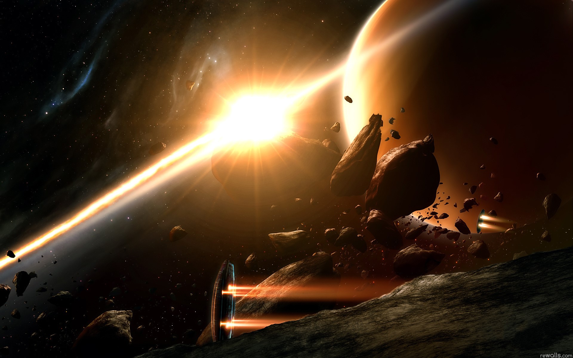 Spaceship in asteroid field with planet and sun HD Wallpaper