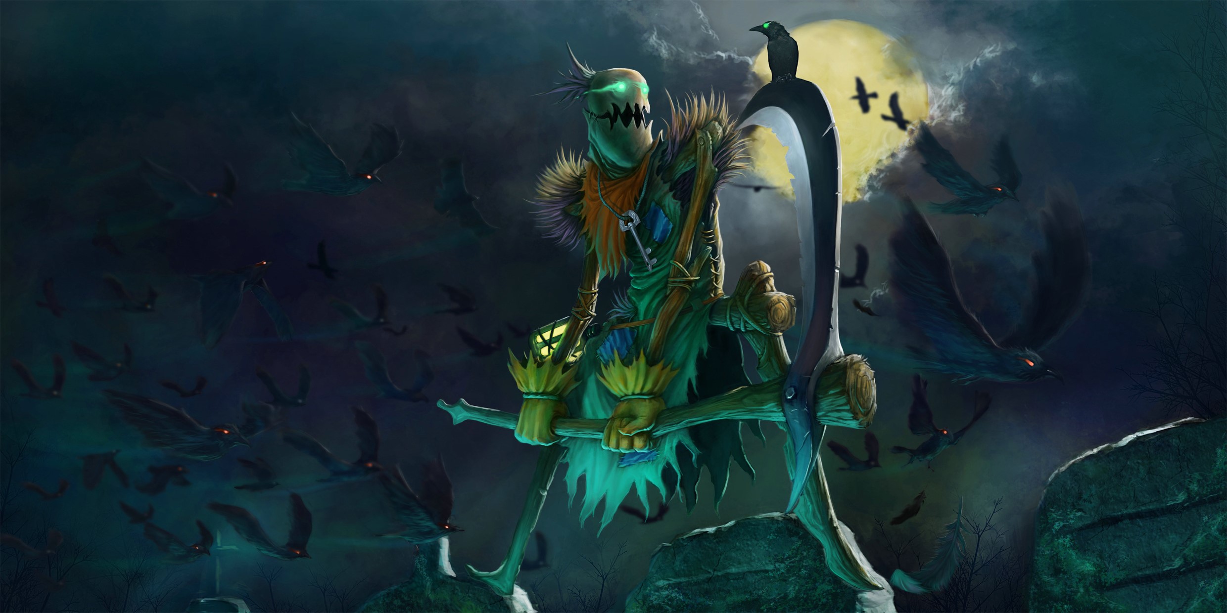 League of Legends Scarecrow with Scythe and Bats HD Wallpaper