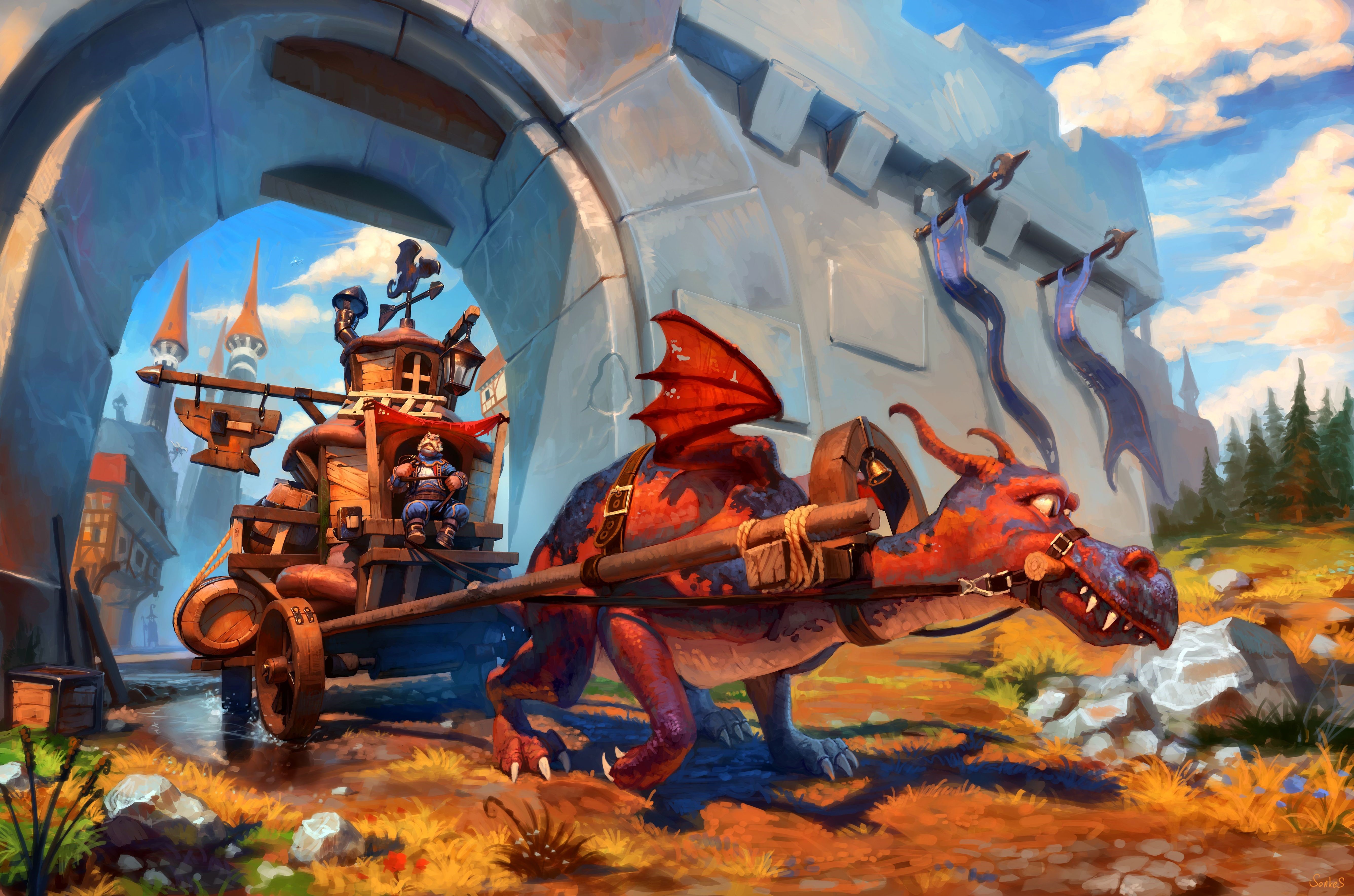Dragon pulling a cart with a dwarf in front of a castle HD Wallpaper