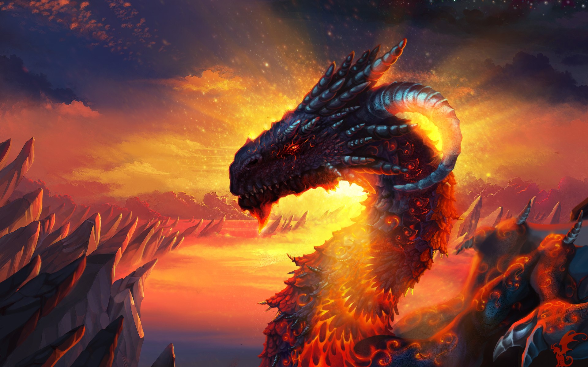 Fiery Dragon in a Volcanic Landscape at Sunset HD Wallpaper