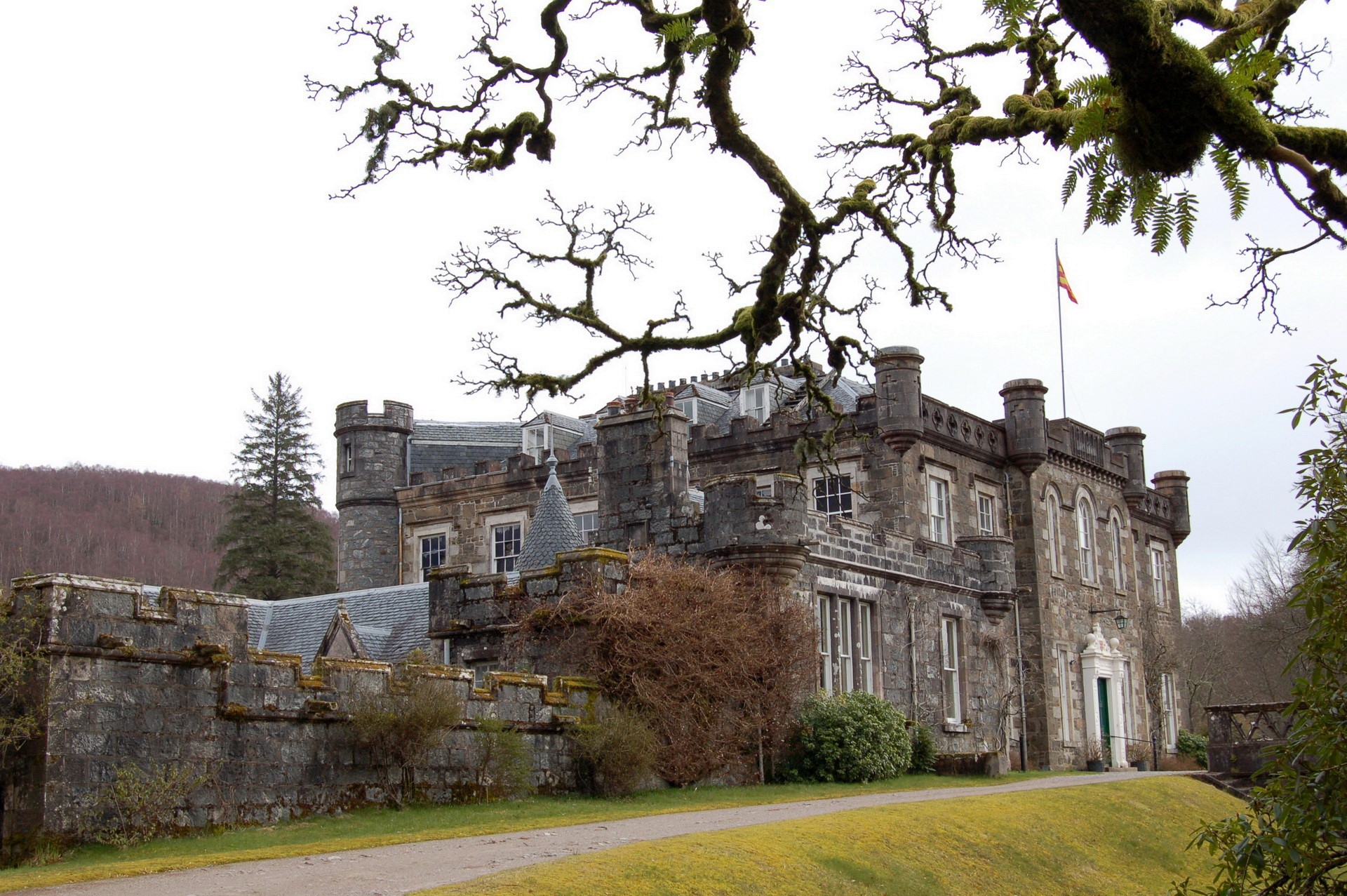 Castle with stone walls and trees HD Wallpaper