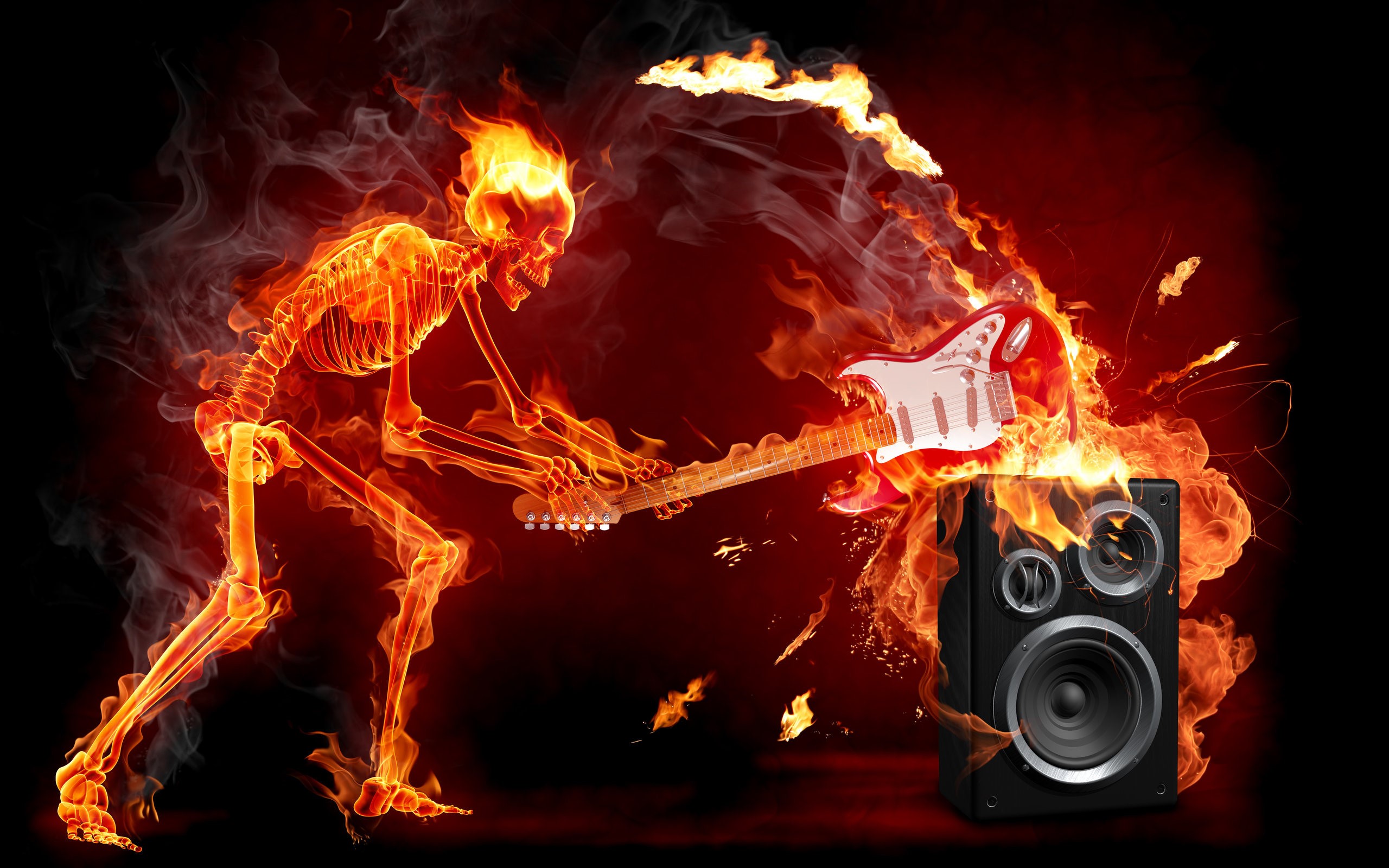 Skeleton playing guitar on fire with speaker HD Wallpaper