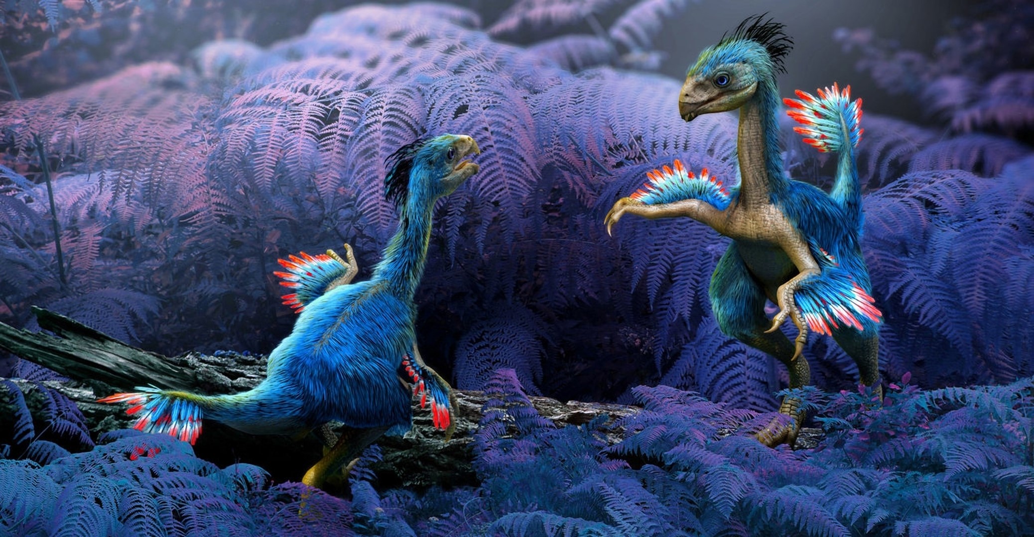 Two feathered dinosaurs in a prehistoric forest HD Wallpaper