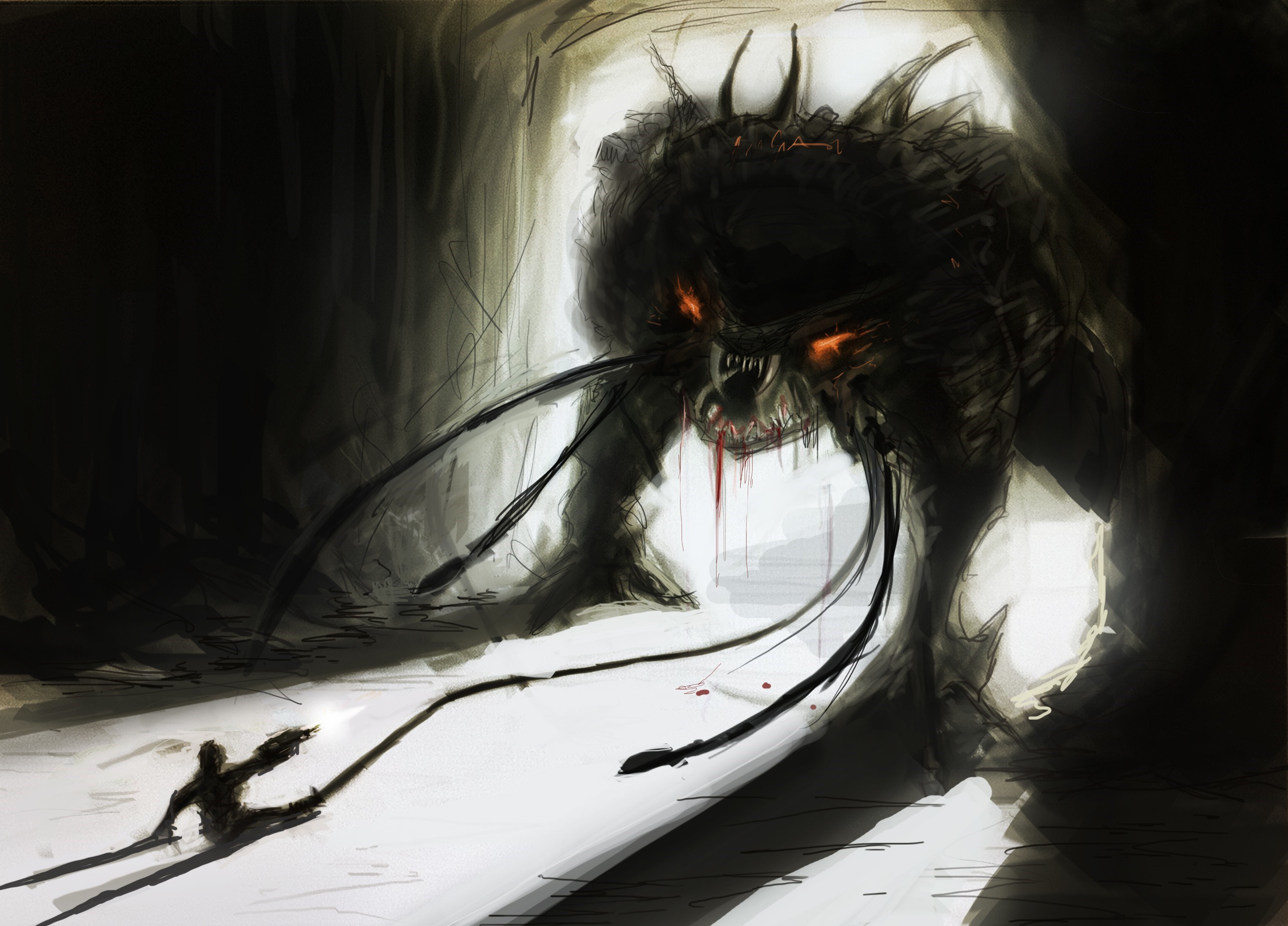 A monstrous creature with glowing eyes confronts a small figure HD Wallpaper
