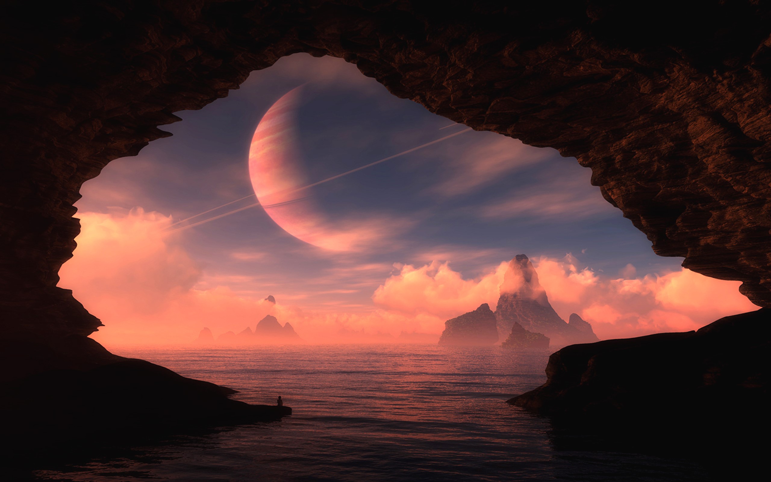 Alien planet with rings and a cave entrance HD Wallpaper