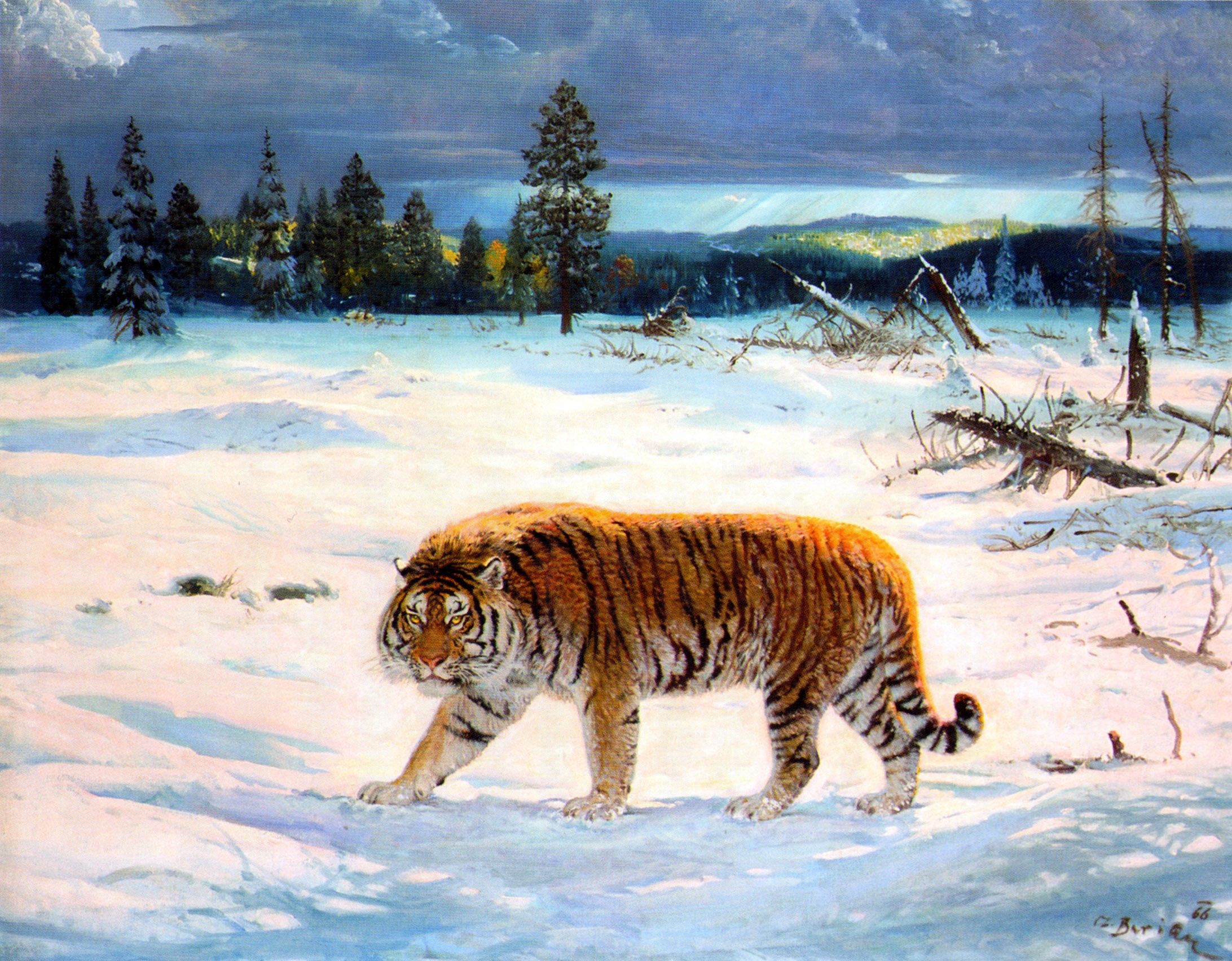 Tiger walking in a snowy forest landscape painting HD Wallpaper